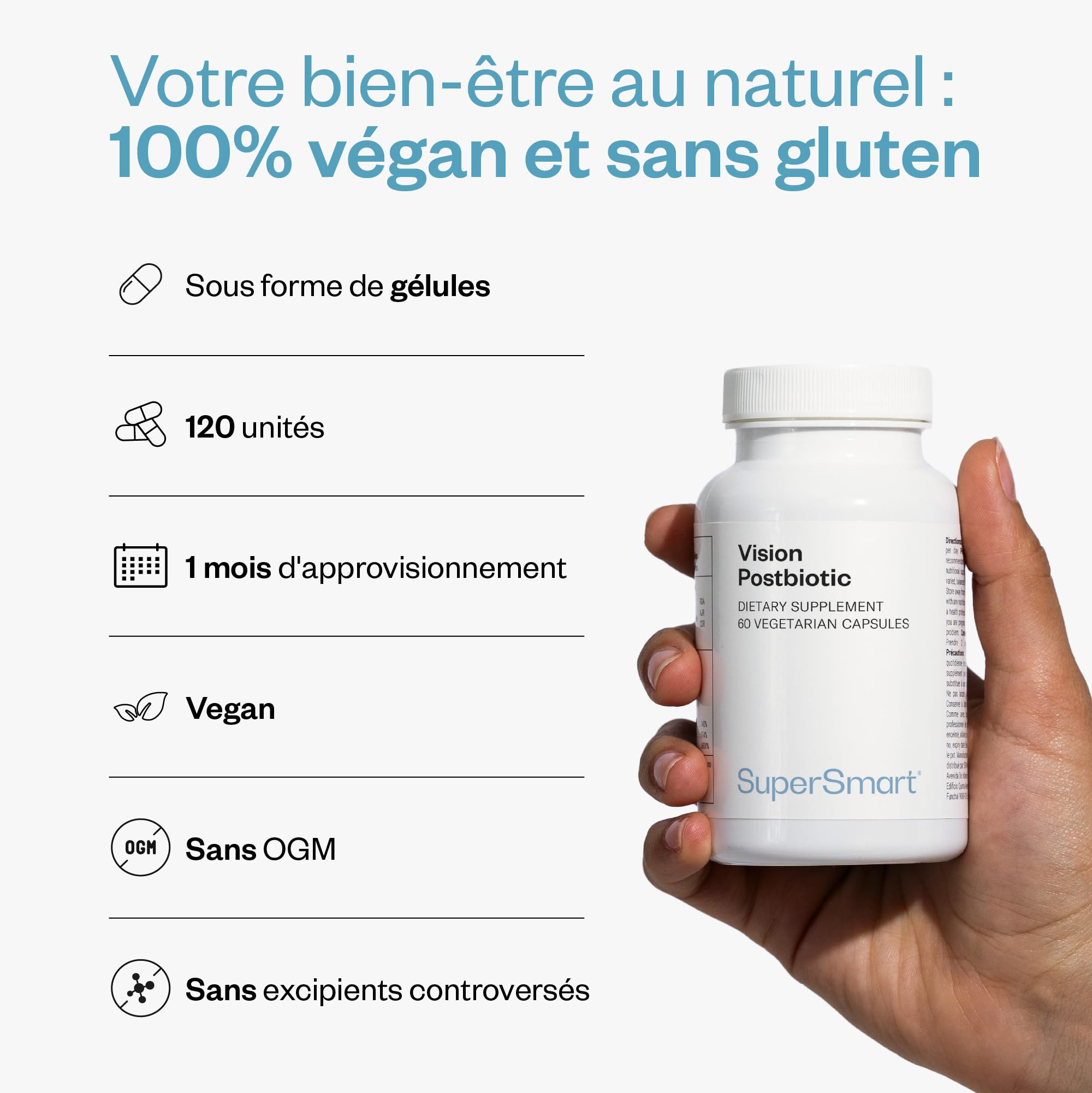 Postbiotique pour la Vision Breveté - Vegan - Sans excipients - SuperSmart | Lutte contre la Fatigue Visuelle - Protection des yeux de la lumière bleu - Soutenu par des études scientifiques