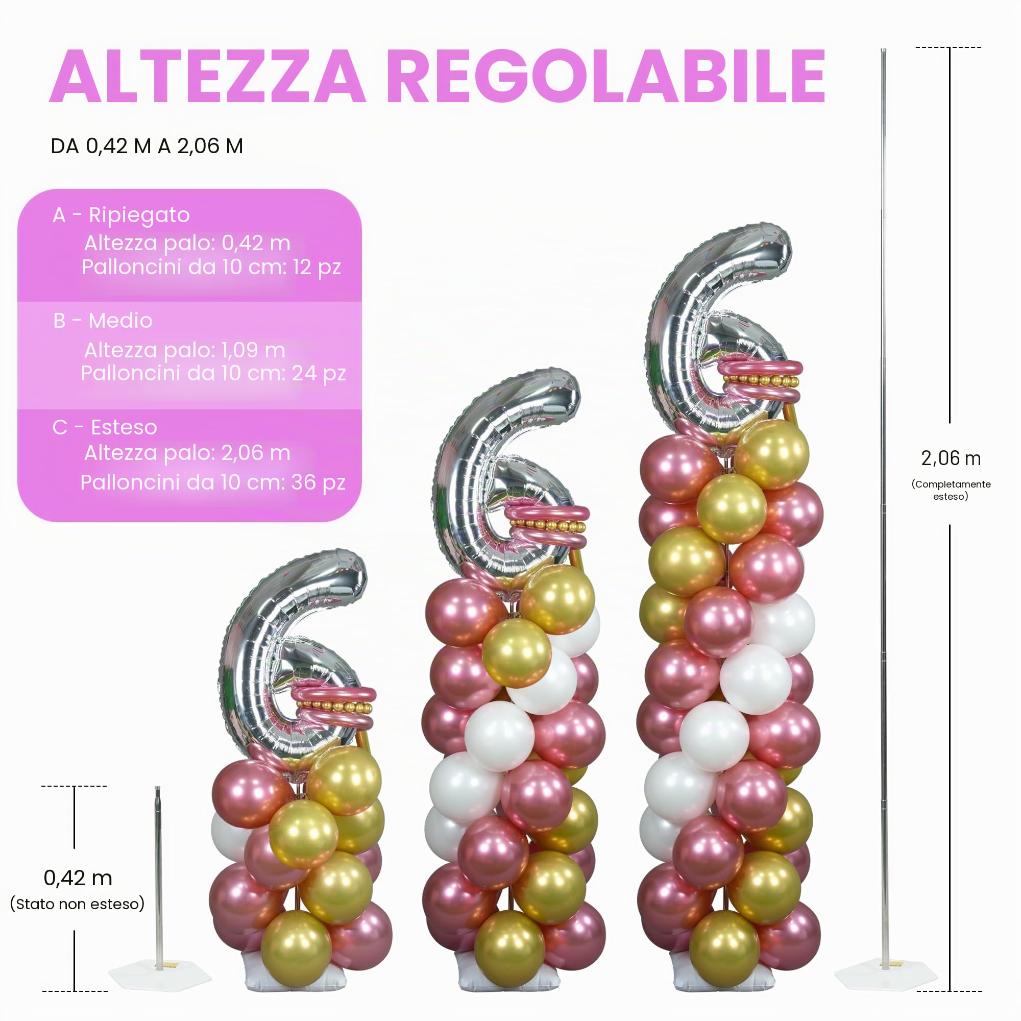 Set di 4 supporti a colonna per palloncini, Altezza regolabile da 50cm a 2m | Decorazioni con Palloncini adatte per Compleanno, Matrimoni e Vari Eventi, Riutilizzabili