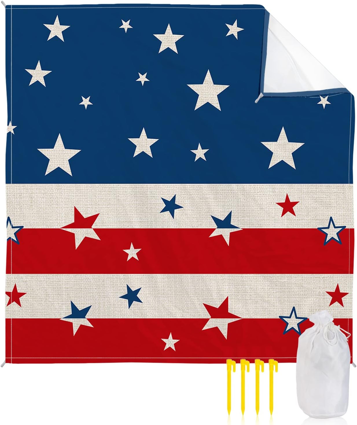 Beach Blanket 83x79in Independence Day Stars Red Stripe USA Flag Patriot Waterproof Sandproof Mat, Pentagram on Blue Vintage Linen Outdoor Picnic Mat Beach Accessories for Travel Camping Hiking