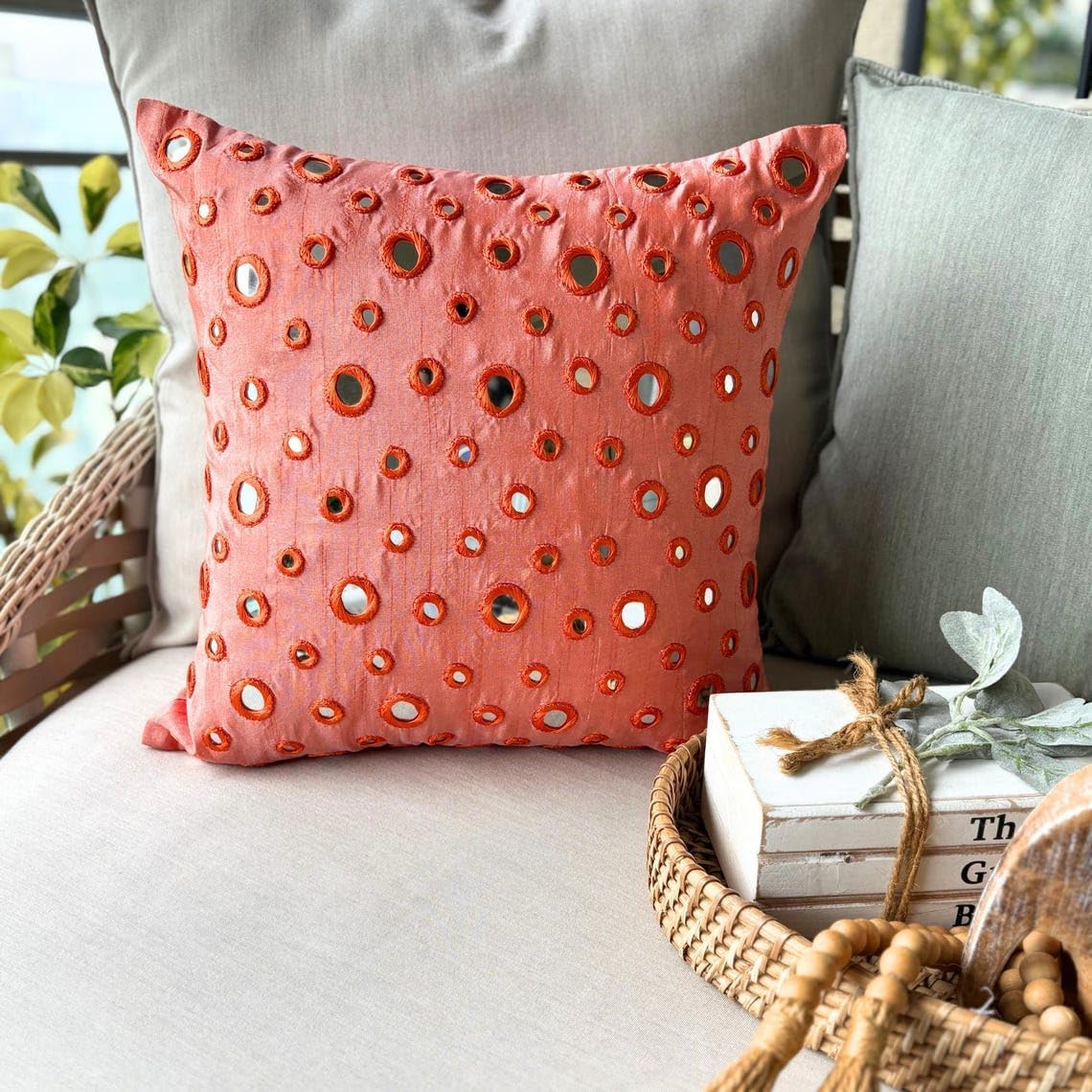 The HomeCentric Throw Pillow Covers, Beige Throw Pillows for Couch 16x16 inch (40x40 cm) Cotton Decorative Pillow Covers, Circles & Dots, Mirror Embroidery, Contemporary Cushion Cover - Reflections
