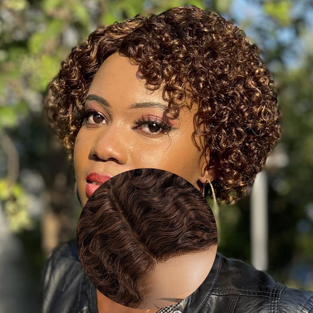 Noble Star 8inch Curly Wave Pixie Cut Wigs Human Hair 13x5x1 L Part Bob Wig for Women Side Part Pixie Cut Lace Front Wig with Baby Hair Glueless Short Cut Bob Wig M4/33