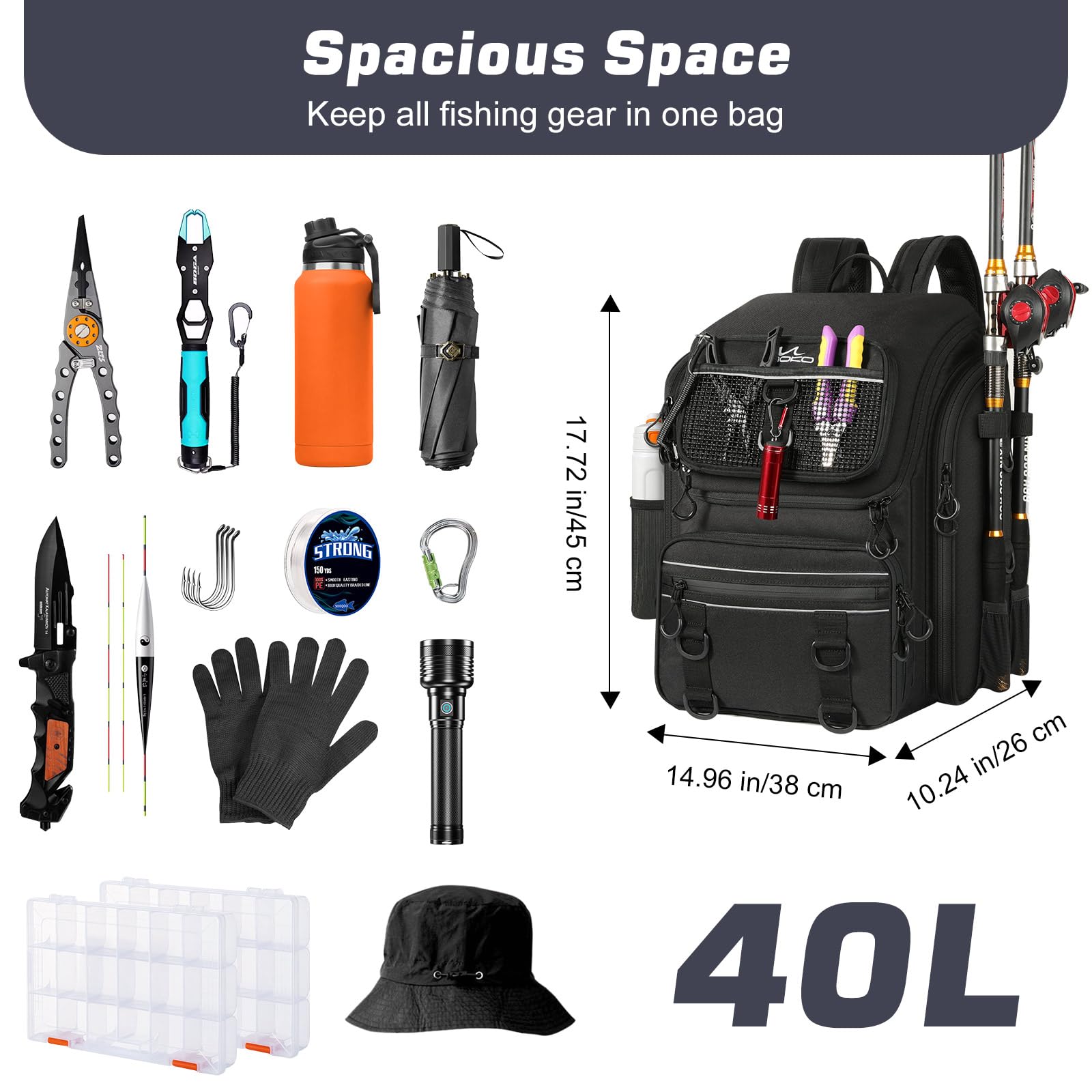 MoKo Mochila de Pesca, Mochila Grande 40L con portacañas y Carpeta de Cebo para Guardar el Equipo de Pesca y el Equipo de Senderismo y Camping, Regalos para Hombres y Padres, Negro