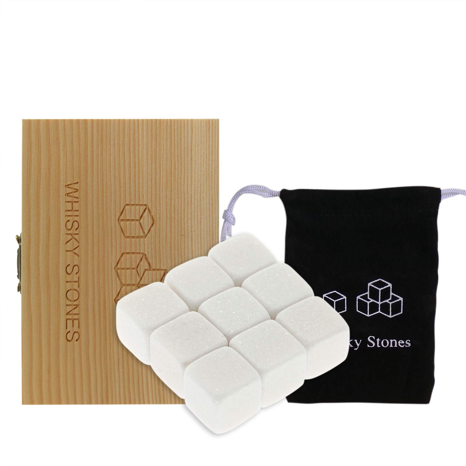 Whiskey Stones Set 9 Granite Whiskey Chill Rocks with Wooden Box and Velvet Bag Wine Stones Reusable Wine Chillers Belity
