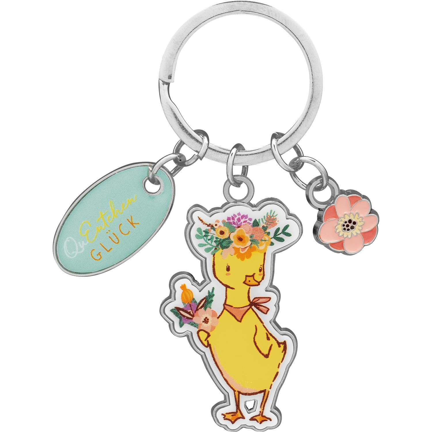 H:)PPY life Keyring with Quentchen Glück: Keyring with Quentchen Lucky Charm with Oval Charm with Motif Print: Quentchen Glück and Flower Charm