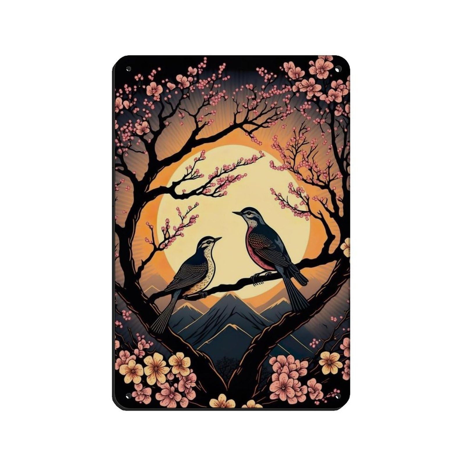 Lxwnze 20L X 30W Cm 2 Birds On A Tree In Sunset, Retro Poster Metal Tin Sign Chic Art Retro Iron Painting Bar People Cave Cafe Family Garage Poster Wall Decoration 8X12inch(20X30cm)