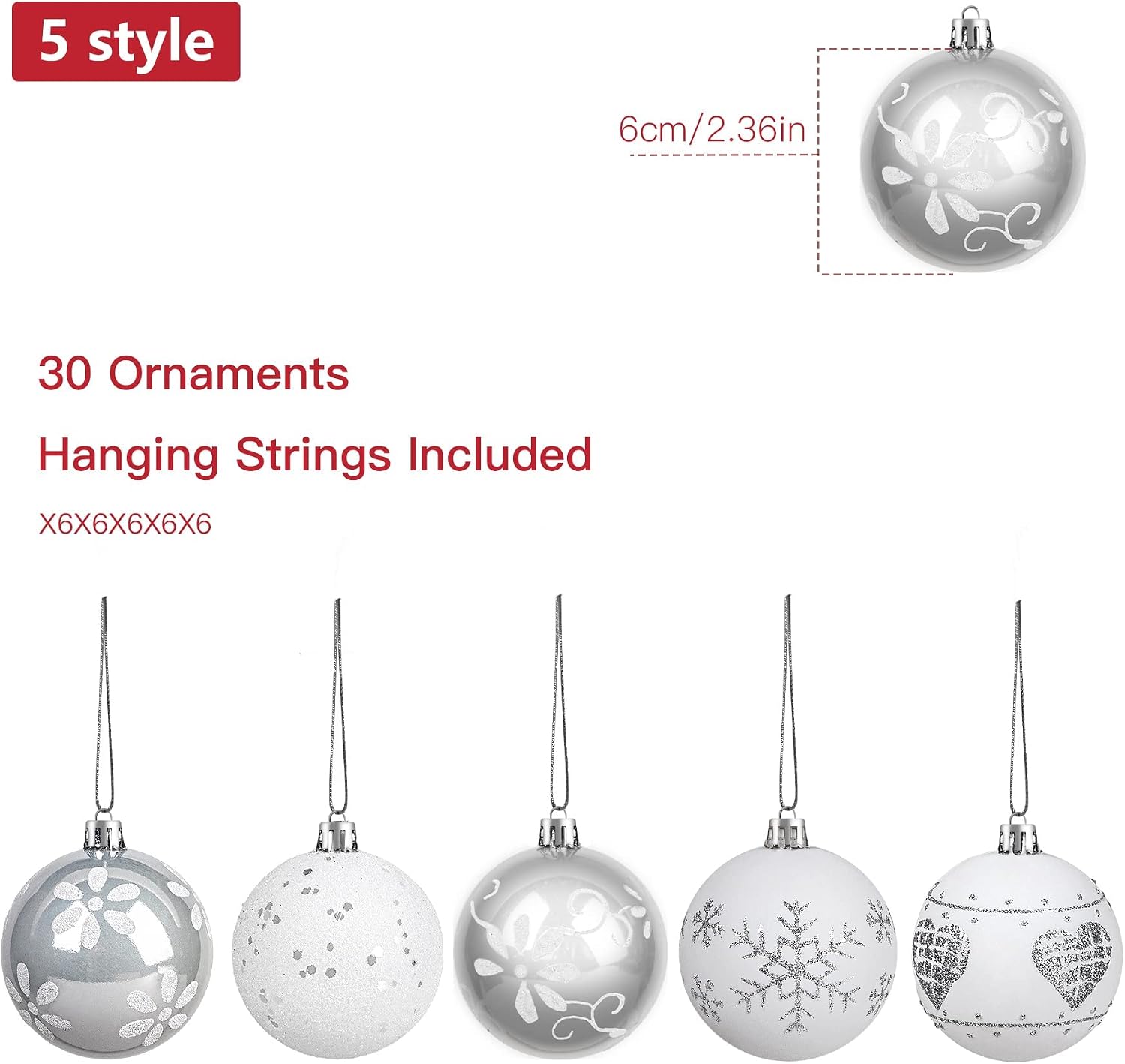 SHareconn 30ct 2.36 Inch Christmas Tree Balls Ornaments Set, Colored Shatterproof Plastic Decorative Baubles for Xmas Tree Decor Holiday Party Wedding Decoration (White & Silver, 60mm)