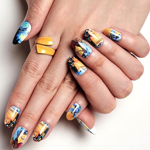 Miniatura 3 de GLAMERMAID Uñas postizas a presión ovaladas medianas, uñas de gel con pegamento, 24 piezas de uñas postizas acrílicas ovaladas cortas,