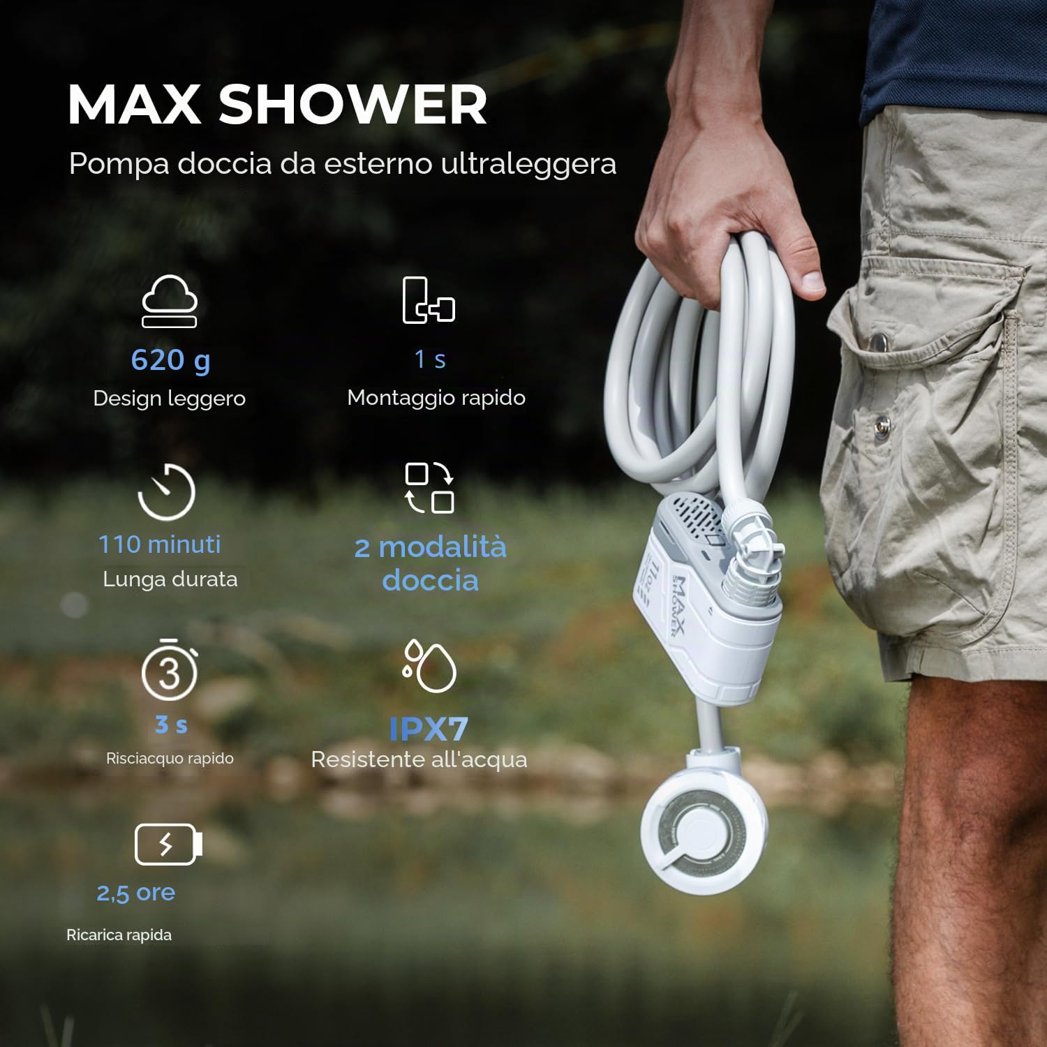 FLEXTAILGEAR Max Shower, Doccia da Campeggio Portatile, Doccia da Campeggio con Pompa dell'Acqua Ricaricabile USB-C, Batteria Ricaricabile da 2500 mAh, Ampia Applicabilità per Campeggio, Escursioni