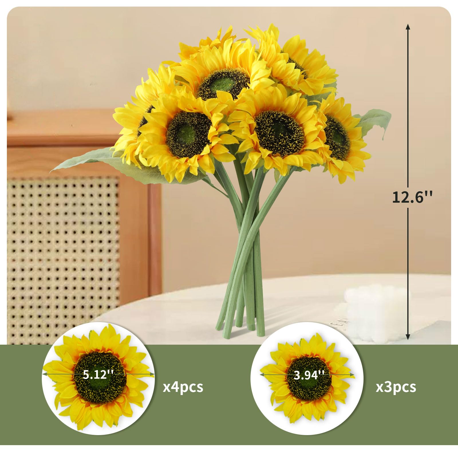 Künstliche Sonnenblumen, 7 Stück, künstliche Sonnenblumen mit Stielen, künstlicher Sonnenblumenstrauß für Sonnenblumen-Dekoration, Küchendekoration, Seidenblumen für Heimdekoration, Innenbereich
