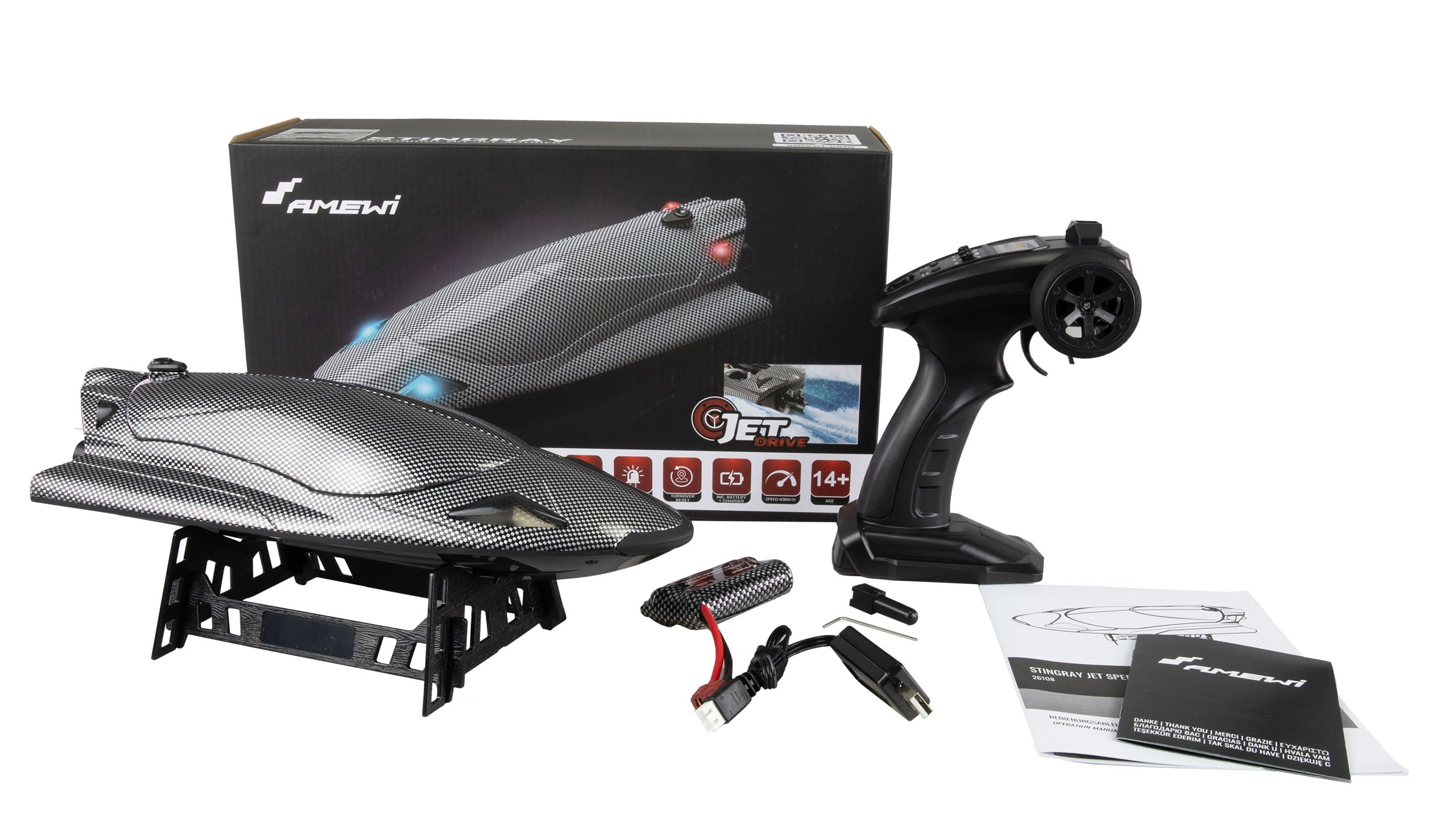 Amewi Stingray Speedboot mit Jetantrieb – RTR, 40 km/h, 335 mm, Carbon-Optik