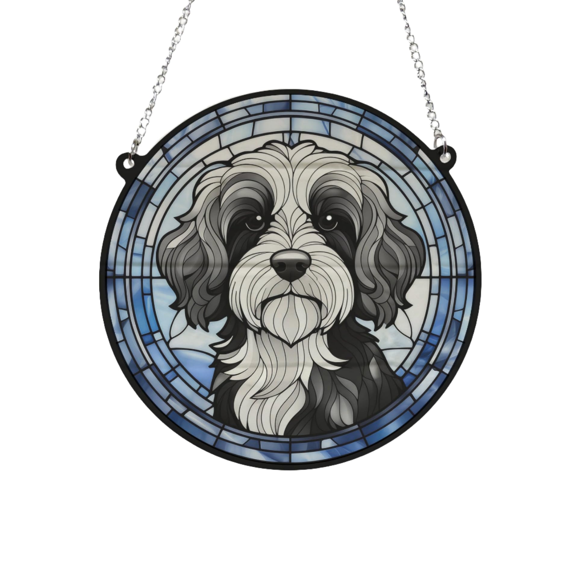 Image Industry Cavapoo Black & White Stained Glass Effect Suncatcher - Garden Gift - Dog Gift - Pet Memorial (19cm)