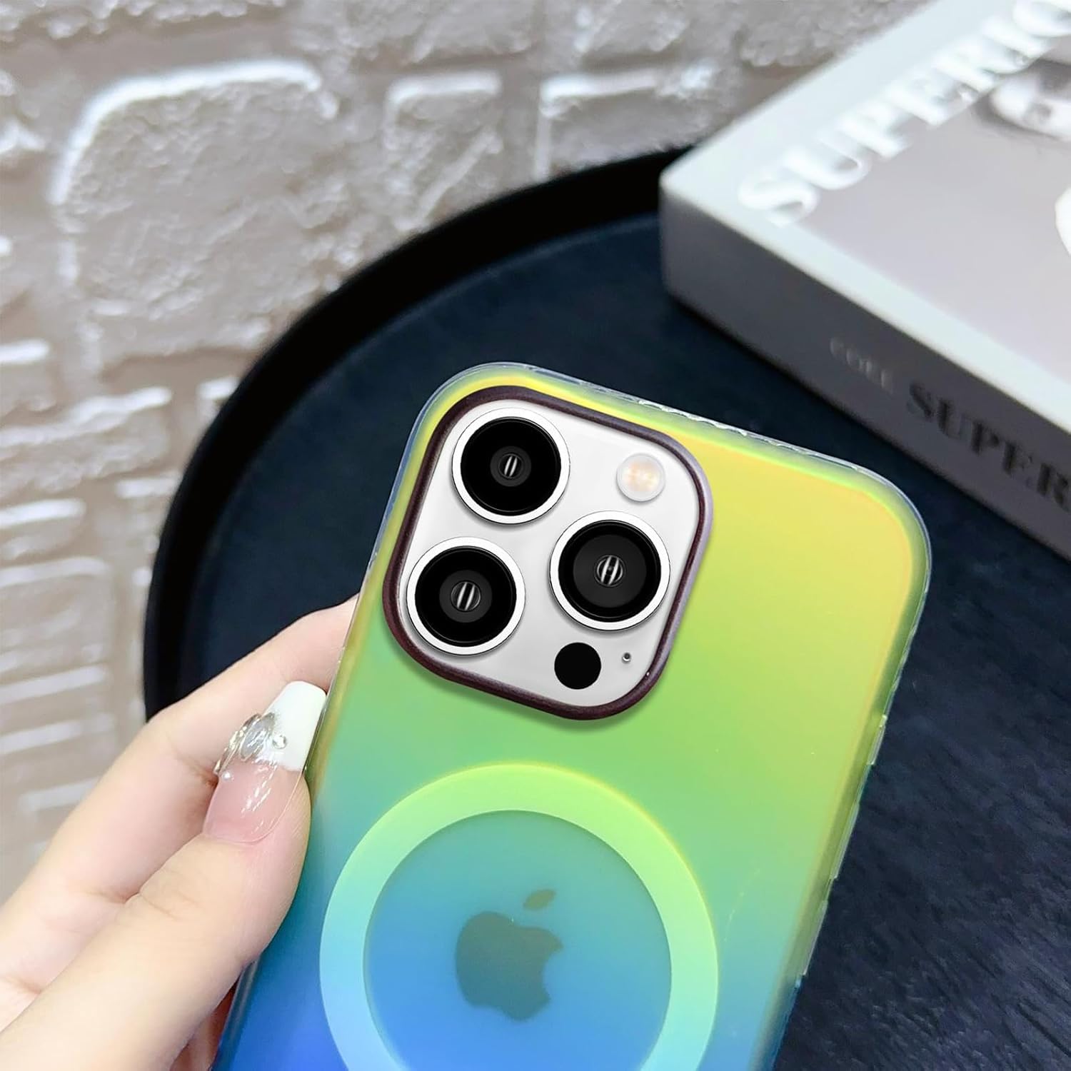 Tuokiou Magnetic Case for iPhone 16 Pro,Compatible with Magsafe,Gradient Iridescent Holographic Shockproof Translucent Matte Phone Case Protective Bumper Cover for Women (Green & Blue)