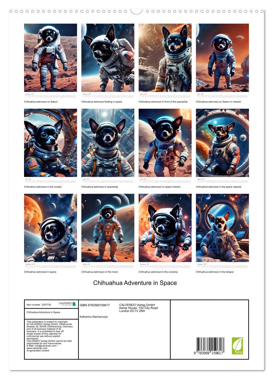Chihuahua Adventure in Space (High Quality Premium Wall Calendar 2027 DIN A2 portrait),CALVENDO 12 Month Wall Calendar: Cute AI Chihuahua astronaut explores space