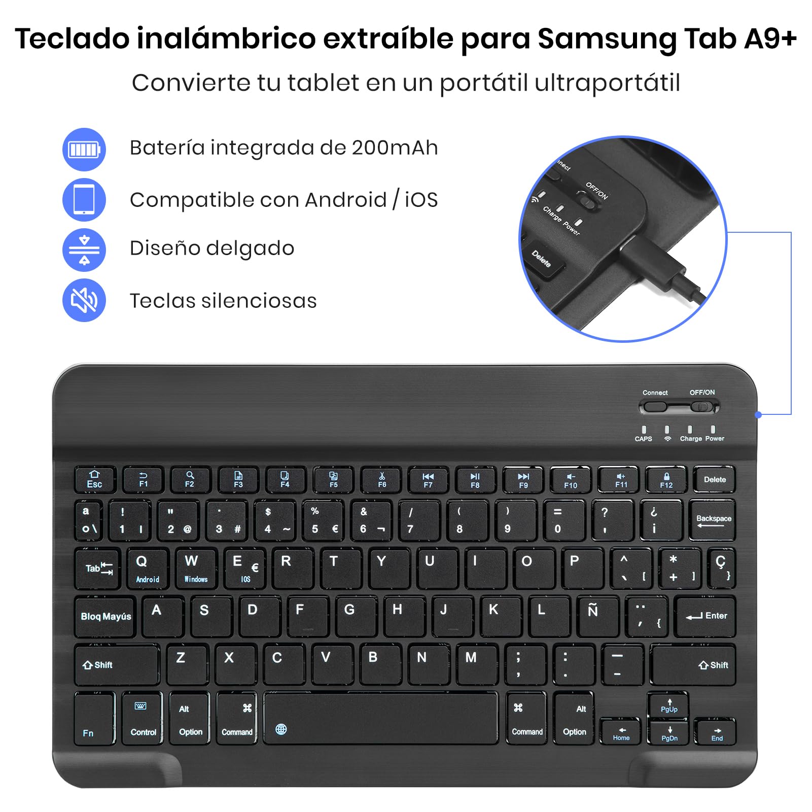 Funda con Teclado para Samsung Galaxy Tab A9+/A11+ 11 Pulgadas 2023/2025, [Español] Teclado Tablet Galaxy A11+ Funda Protectora, Desmontable Portalápices Teclado para Tablet Samsung A11 Plus (Negro)