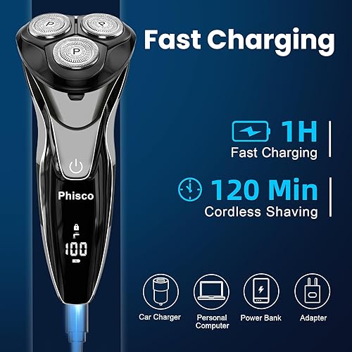 Miniatura 5 de Phisco - Maquinilla de afeitar eléctrica para hombres  Afeitadora giratoria 3D recargable con cable e inalámbrica para hombres con recortadora de