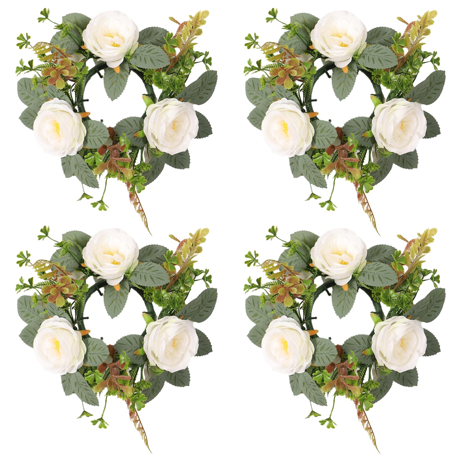 Marooma 4 Pcs White Fake Rose Candle Rings, Artificial Floral Wreaths with Green Leaves, Greenery Garland for Pillar Candleholders Wedding Centerpiece Party Home Table Decor