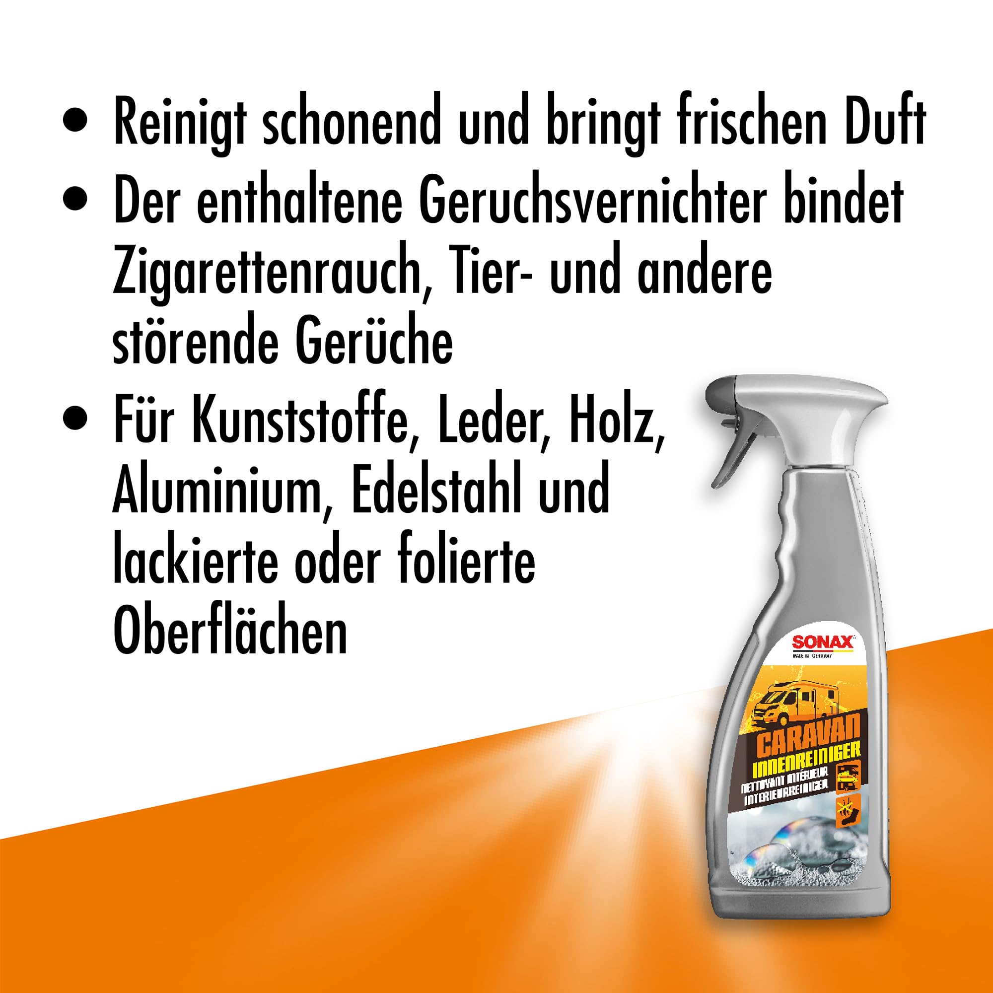 Sonax Caravan - Juego de limpieza de interiores para autocaravanas, 750 ml, con eliminador de olores y paño de microfibra, para plásticos, cuero, madera, aluminio y superficies pintadas o laminadas en