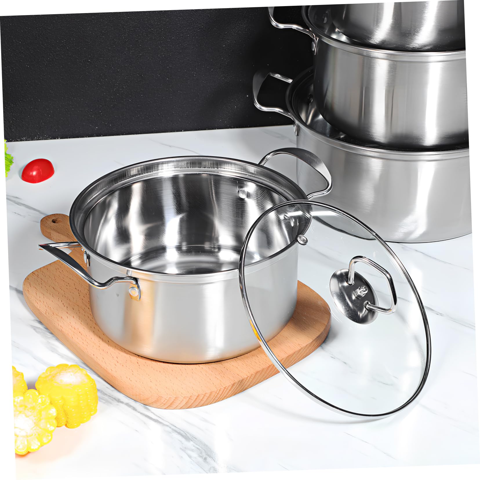 Hemobllo Set Pentole da Minestra 5 Pezzi in Acciaio Inox per Induzione | Coperchi in Vetro, Doppie Maniglie, Finitura Argento, Uso Versatile in Cucina, Set All-in-one