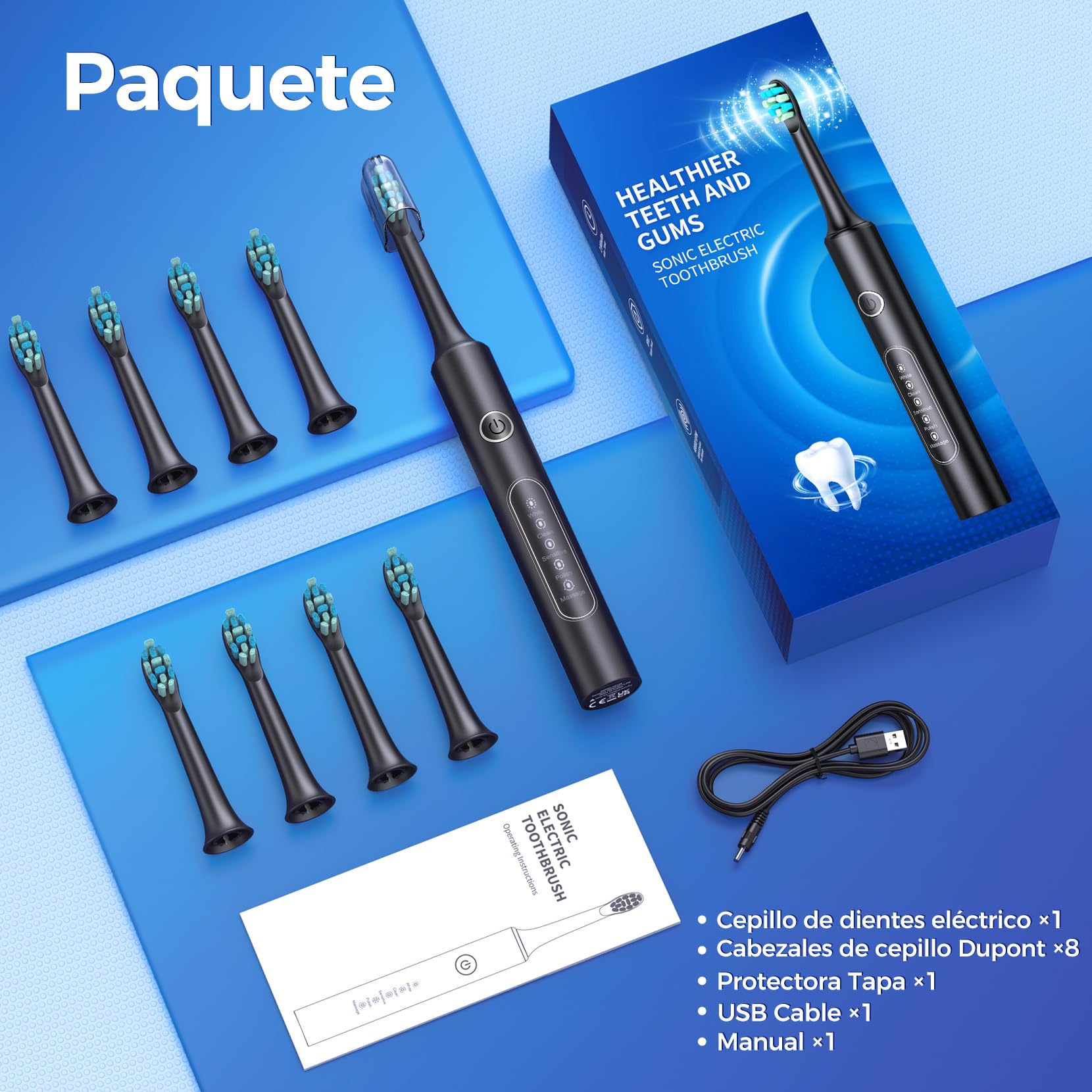 Cepillo Eléctrico de Dientes Recargable Rápido en 4 Horas, con Duración de 60 Días - Cepillo Eléctrico Adultos Infantil con 8 Cabezales, 40000 VPM y 5 Modos de Cepillado(Negro)