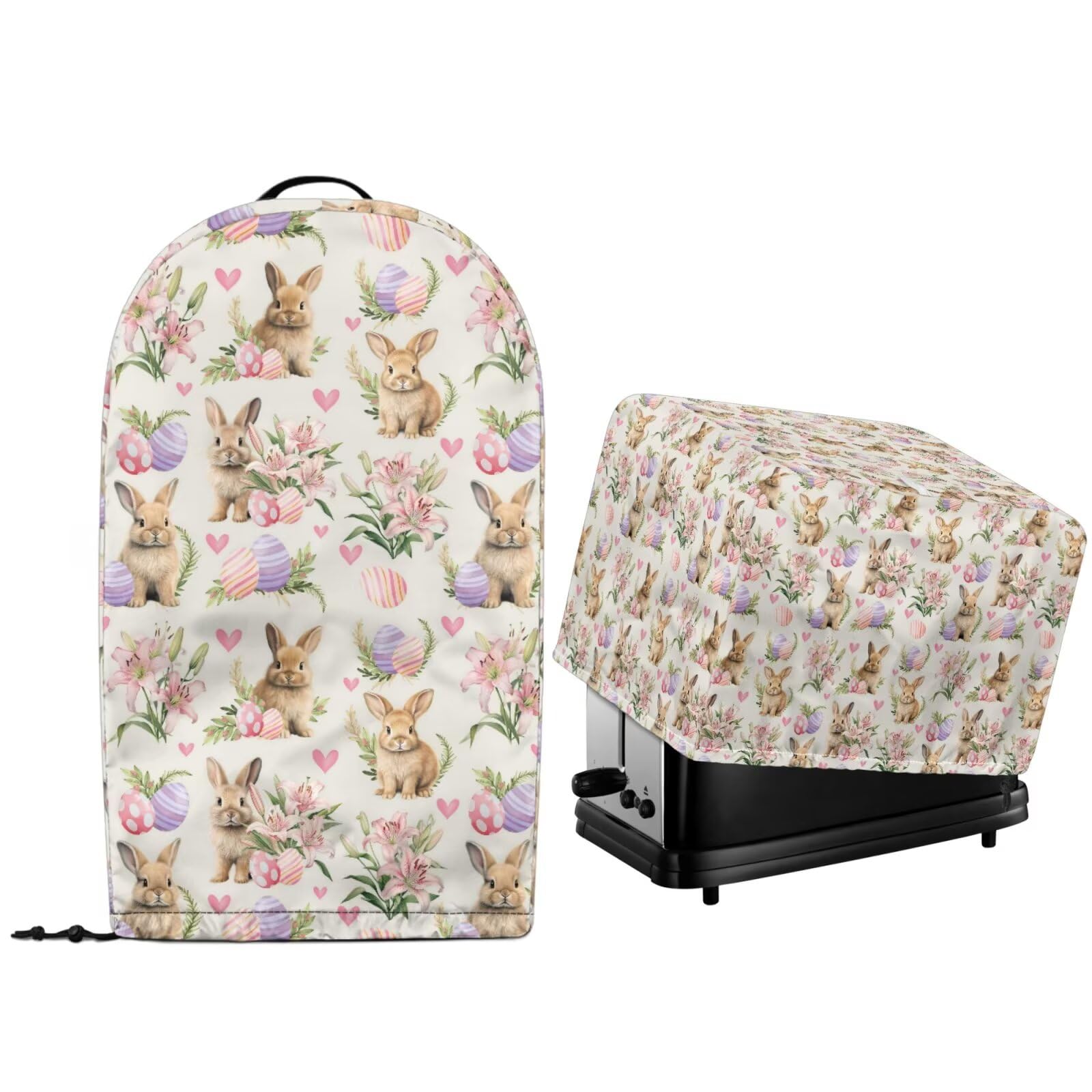 2 Pcs Kitchen Appliance Dust Cover for Countertop Stand Mixer Blender and Toaster Maker Oven Quilted Protector Cover with Drawstring Hem Easter Floral Bunny Rabbit
