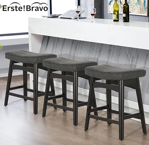 Miniatura 4 de Juego de 2 taburetes de bar de madera maciza color negro para taburetes de bar de altura de encimera de cocina con asiento de silla de montar de