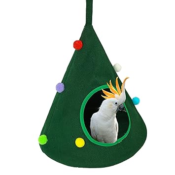 Christmas Conic Birds Nest Bed Large Size Canvas Cage Birds Hanging House with Pearl balls Parrot Hamster Habitat Cave Hanging Hammock Adjustable Height Birds Cave Bed Decoration for Birds Parrots