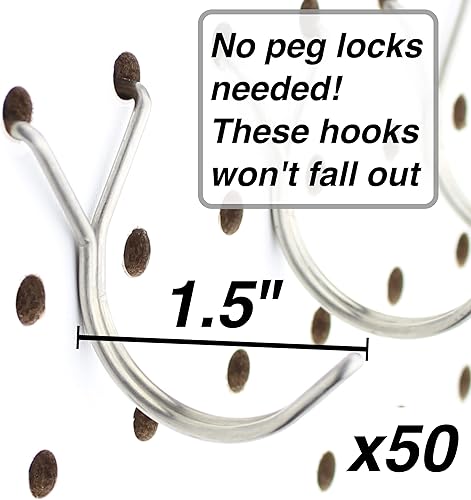 Miniatura 2 de Ganchos de acero inoxidable para tablero de clavijas, paquete de 50 ganchos en J de 1.5 pulgadas, no se caen, se adapta a cualquier tablero de