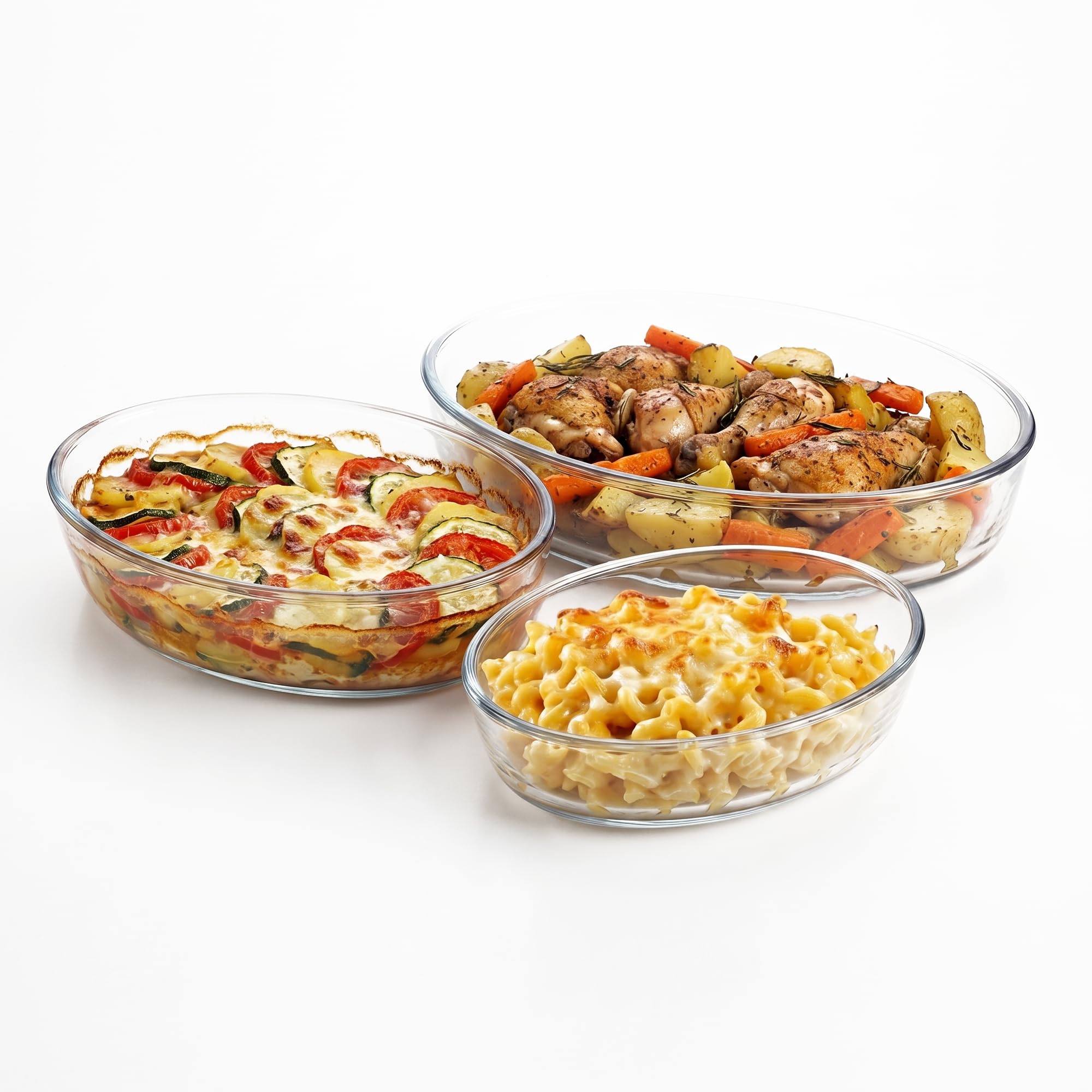 Glass Baking Dish Set, 3-Piece Oval Bakeware Set, Clear GBD33 | 0.7L, 1.6L, and 2.4L, Oven, Microwave & Dishwasher Safe, Even Heating Performance, Transparent Design for Easy Monitoring