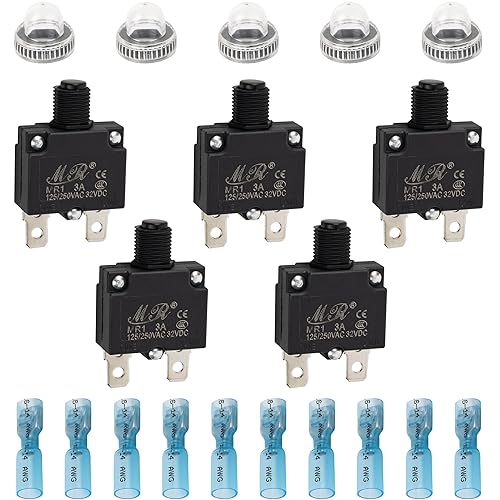 Miniatura 11 de BlueStars Paquete de 5 disyuntores térmicos de 15 amperios 125/250 V CA 32 V CC, protector de sobrecarga con botón de reinicio manual, terminales