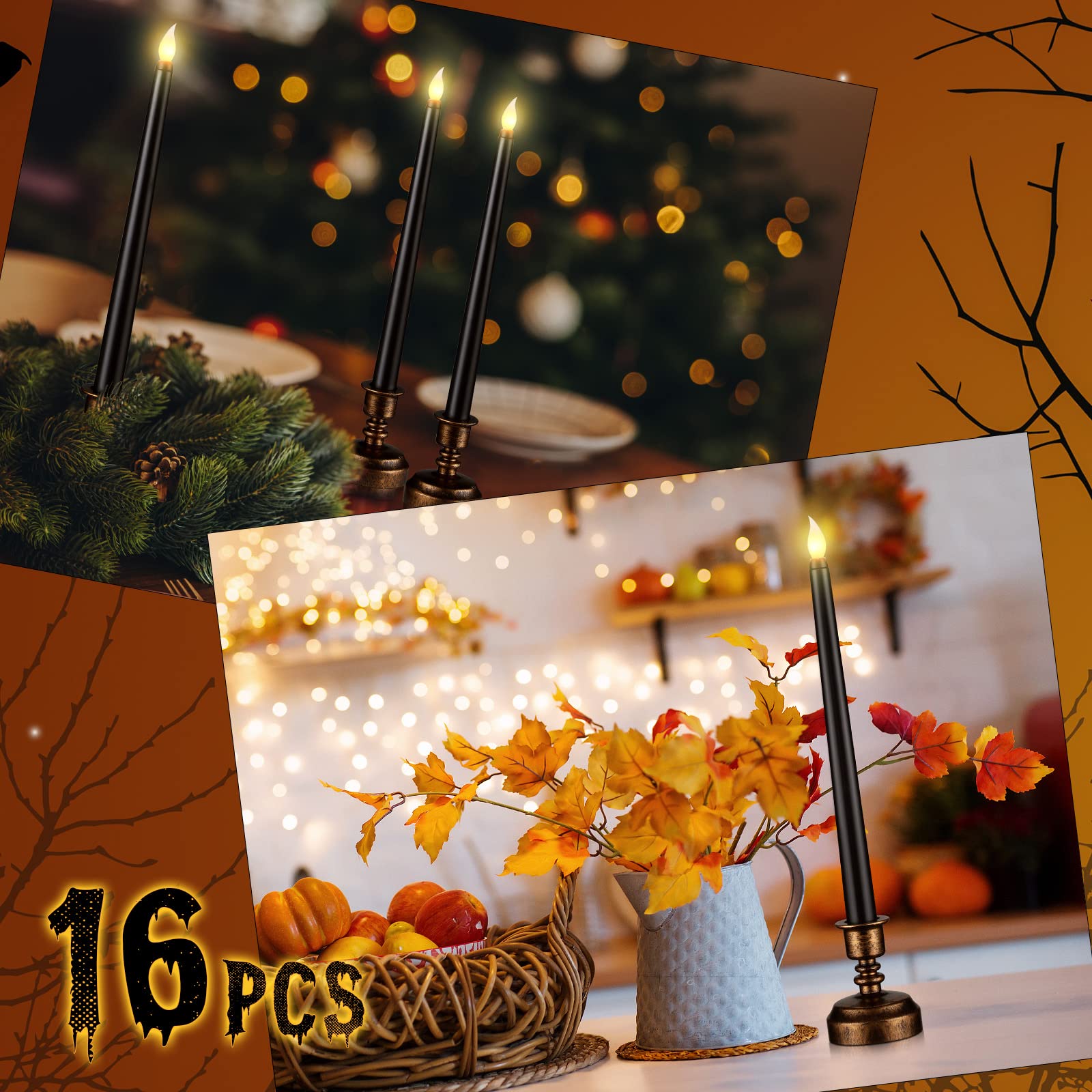 16 candele natalizie per finestra con base dorata, senza fiamma, senza fiamma, candele a LED a batteria, per Natale, casa, matrimoni, feste, colore: nero