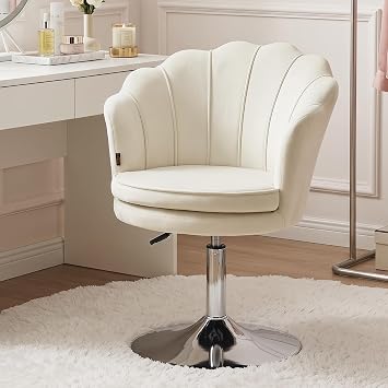 Furniliving Velvet Vanity Chair No Wheels, Modern Swivel Makeup Chair with Ergonomic Lotus-Shaped Backrest, Height Adjustable, Comfy Desk Chair for Dressing Room, Home Office, Bedroom, Beige