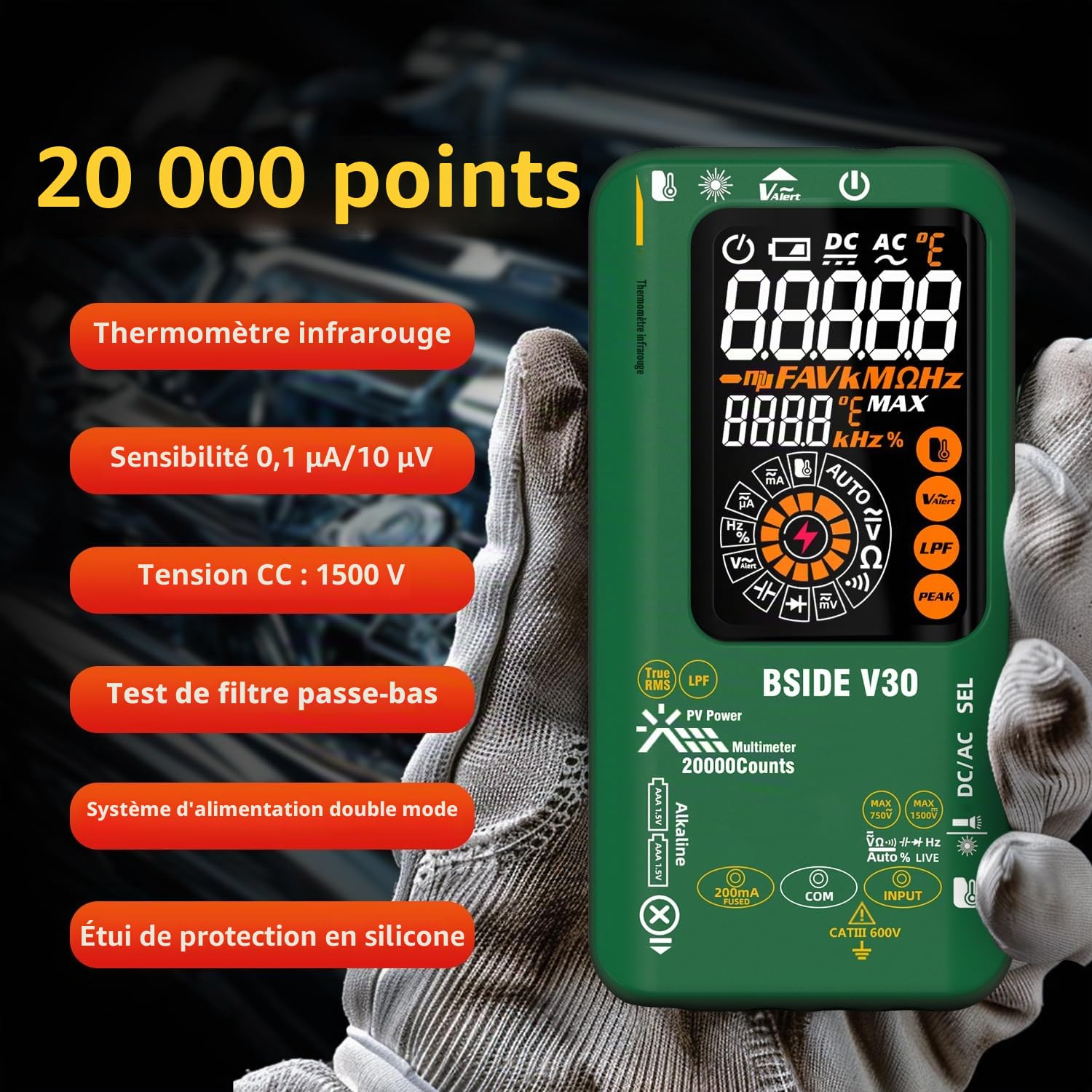 BSIDE Multimètre Numérique Intelligent 20000 Comptes TRMS, Multimètre Photovoltaïque 1500V 0.01mV 0.1μA, Testeur Électrique avec Filtre Passe-Bas, Double Alimentation, LCD Couleur et Thermomètre IR
