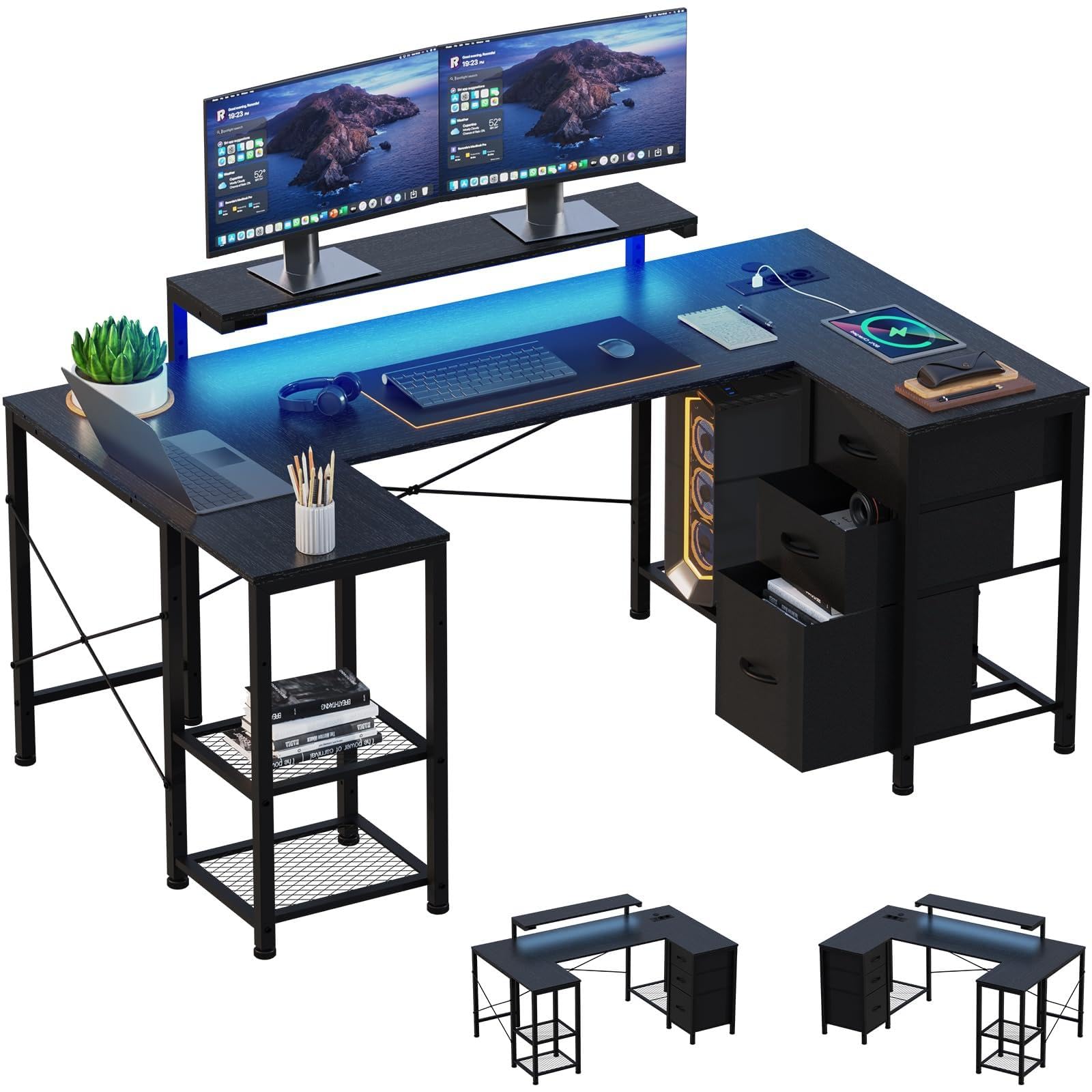 Devoko Bureau Gaming en U Réversible 170x95cm Table E-Sport LED Noir | Éclairage RGB, Double Support Moniteur, 3 Tiroirs, Étagère Latérale, Prises & 2 USB, Rangement, Setup Gamer Complet