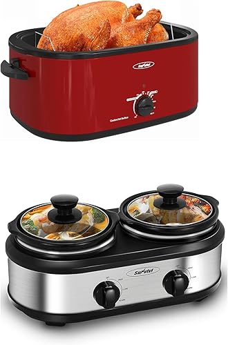 Sunvivi Horno asador y olla de cocción lenta de doble olla, asador de pavo de 24 cuartos con función única de descongelación/calor, rojo, 2 ollas