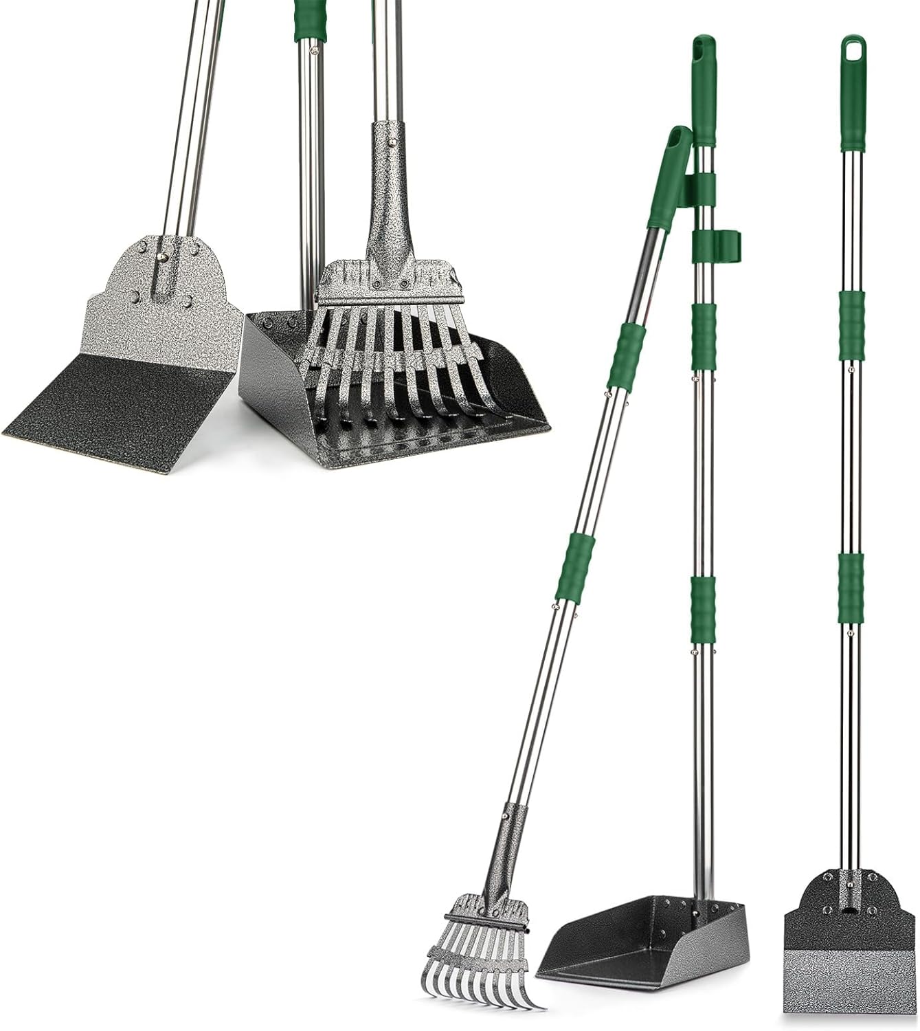 Pooper Scooper, Long Handle Dog Pooper Scooper, Heavy Duty Stainless Steel Rake with Tray & Spade Set for Pet Waste Removal, for Grass, Dirt or Gravel - Green