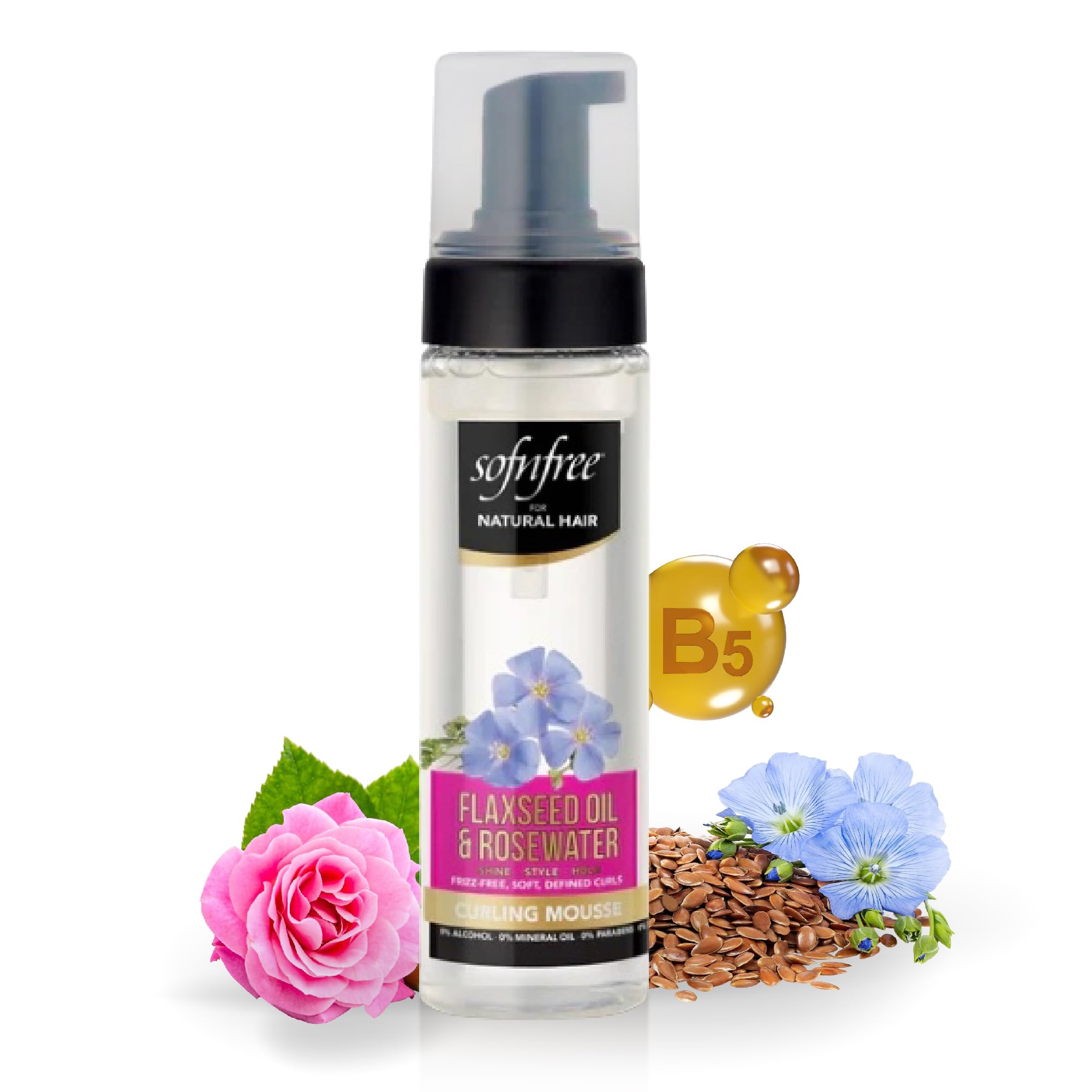 Sofn’Free Curling Mousse with Flaxseed Oil & Rosewater for Natural Curly Hairs, Coils, Waves, Braids - Adds Body, Reduces Frizz, Defines Curls - 6.76 Fl Oz (Pack of 1)