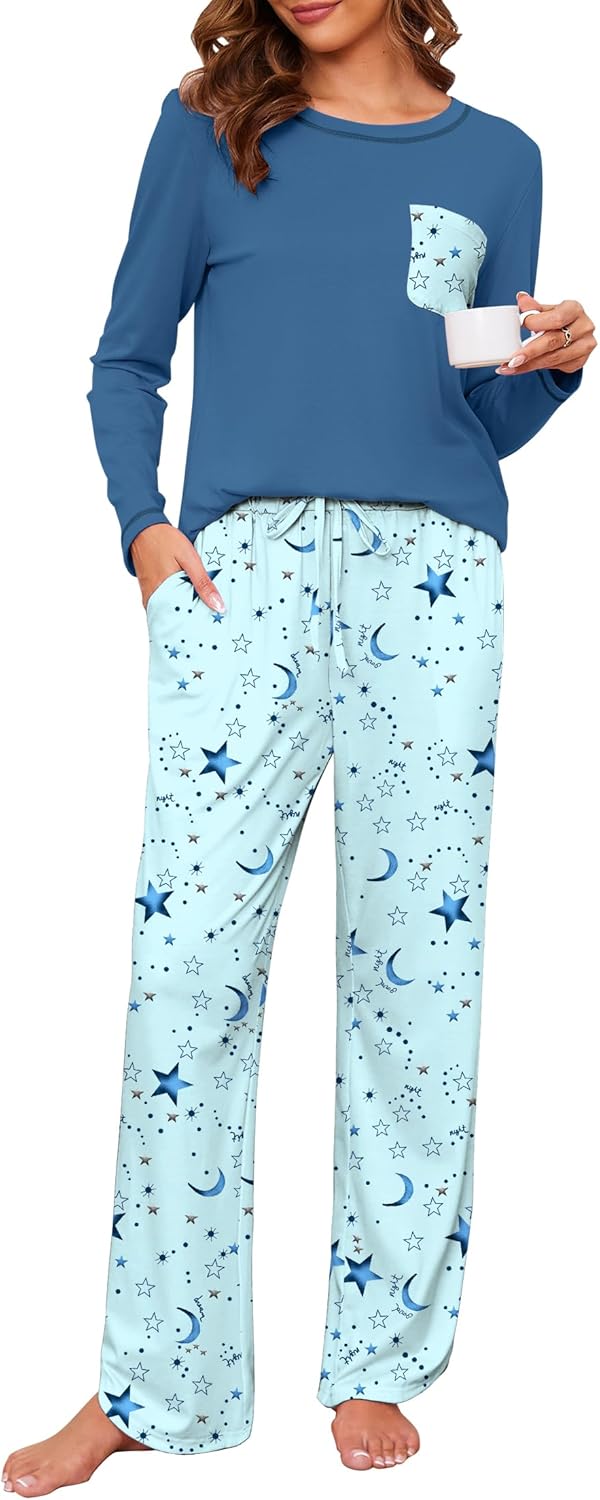 Namatime Cotton Pajamas for Women Set 2 Piece Lounge Sets Print Long Sleeve Soft Pjs Winter Loungewear Sleepwear with Pockets