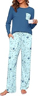 Schlafanzug Damen Lang Pyjama Set Baumwolle Print Loungewear Zweiteiliger Langarm Nachtwäsche mit Taschen für Herbst Winter