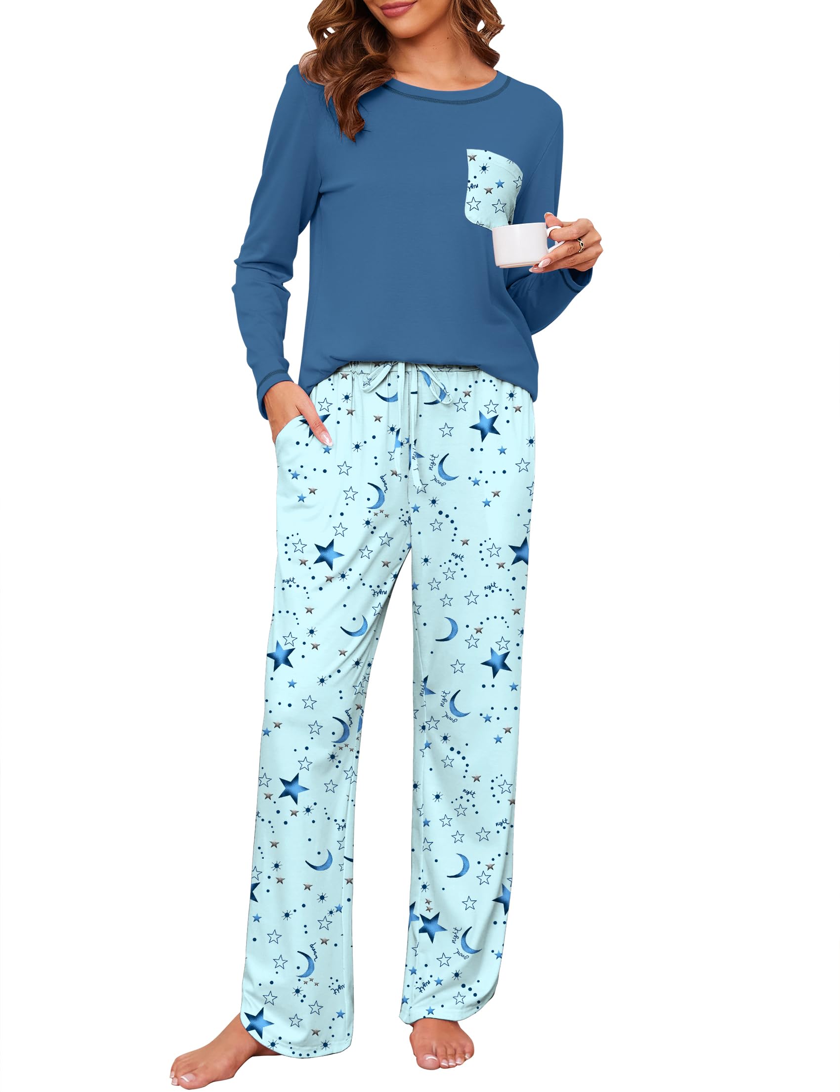 Namatime Katoenen pyjama voor vrouwen set 2-delige lounge sets print lange mouw zachte pyjama set loungewear nachtkleding met zakken, Blauwe Sterren, M
