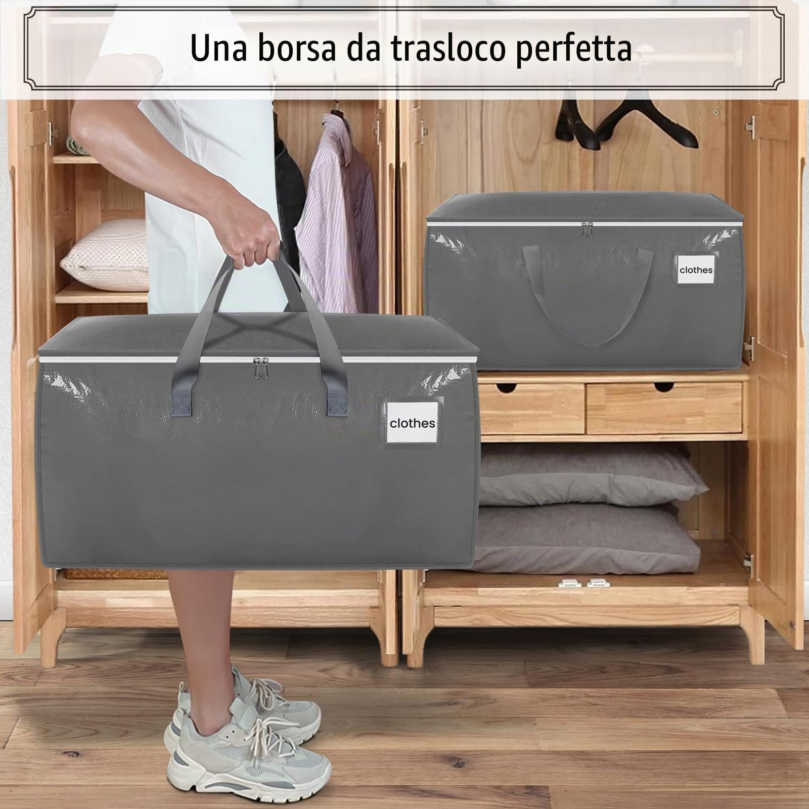 Withosent 100L Borsa Portaoggetti Grande, 10 Pezzi Impermeabile Borse di Stoccaggio Trasloco con Cerniera e Maniglia, Pieghevole Scatole Armadio Viaggio per Vestiti, Coperte, Trapunte, Grigio