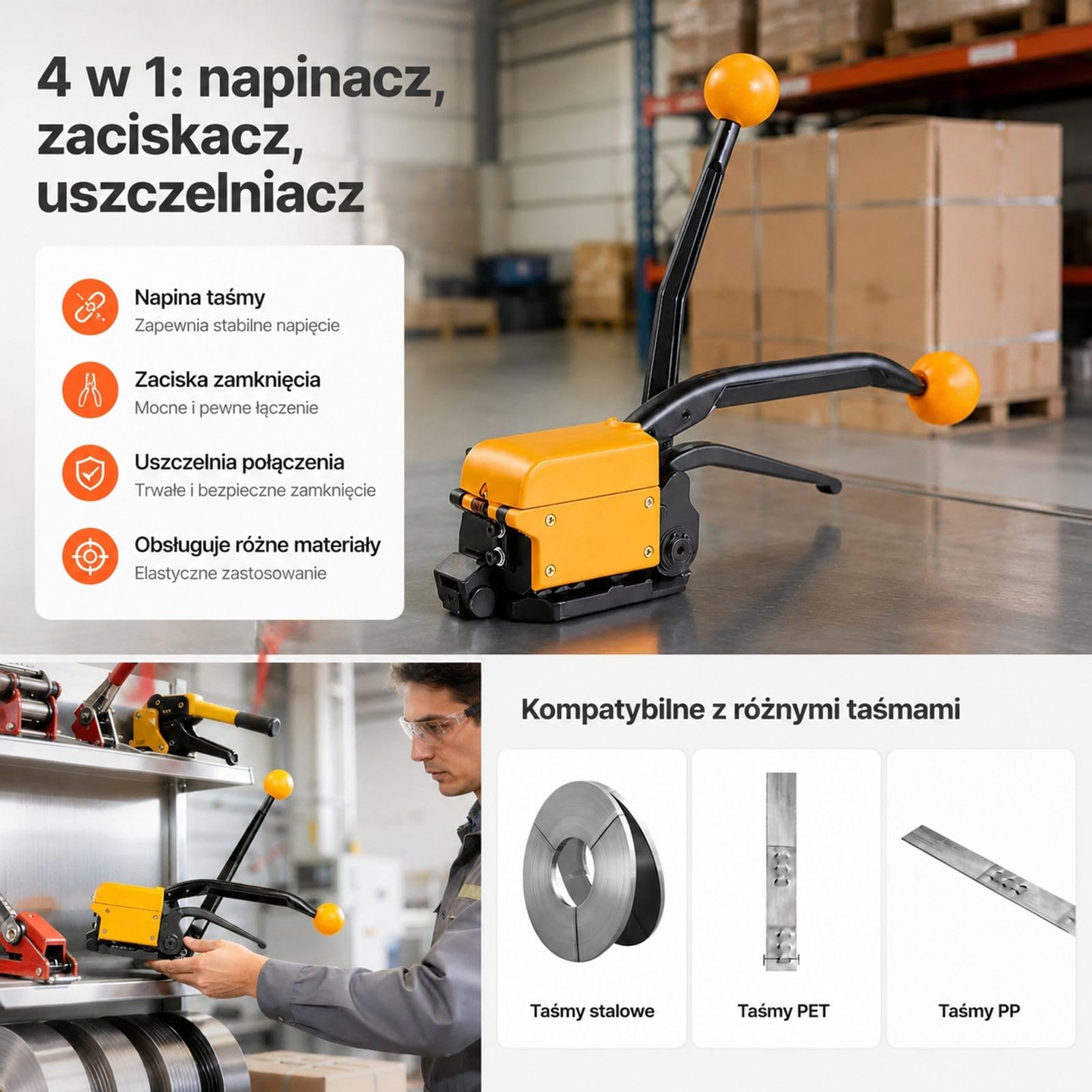 Ręczne narzędzie do spinania taśmą stalową, bez klamry, regulowana konstrukcja, do pakowania i transportu, do stalowych taśm oraz pracy z opasaniem
