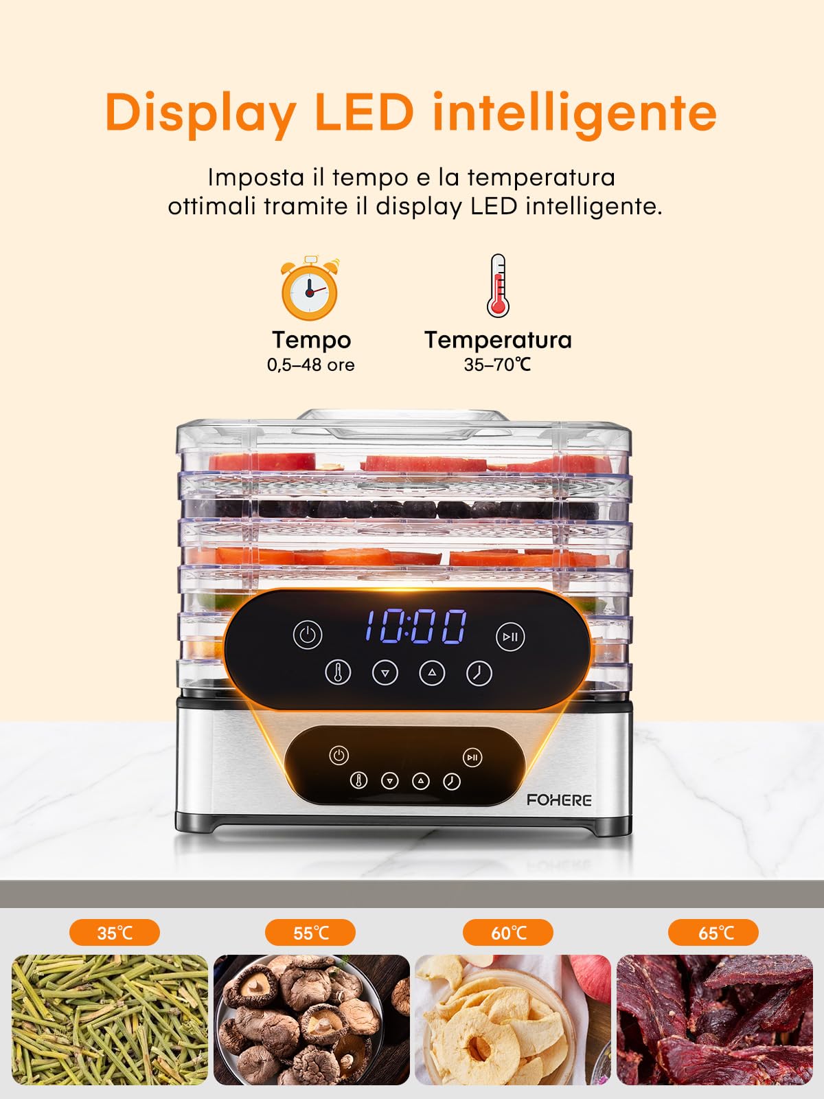 FOHERE Essiccatore Alimentare, 420 W, Essiccatori per Alimenti con 5 livelli, Temperatura 35°C/70°C, impostazione manuale di tempo e temperatura, Essiccatore per Frutta, Verdura, Carne, Senza BPA.