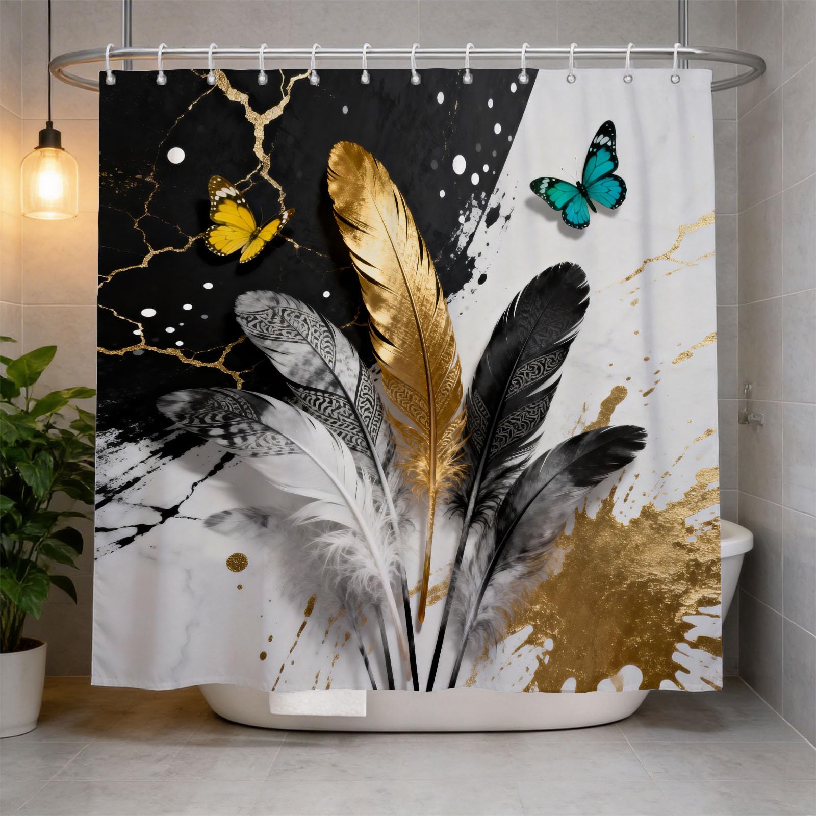 Hongduo 3D Feather Butterfly Shower Curtain for Stalls Bathtubs Chic Bathroom Decor Shower Curtain Set Polyester Fabric Waterproof 120x180cm/48X71 Inch with Hooks