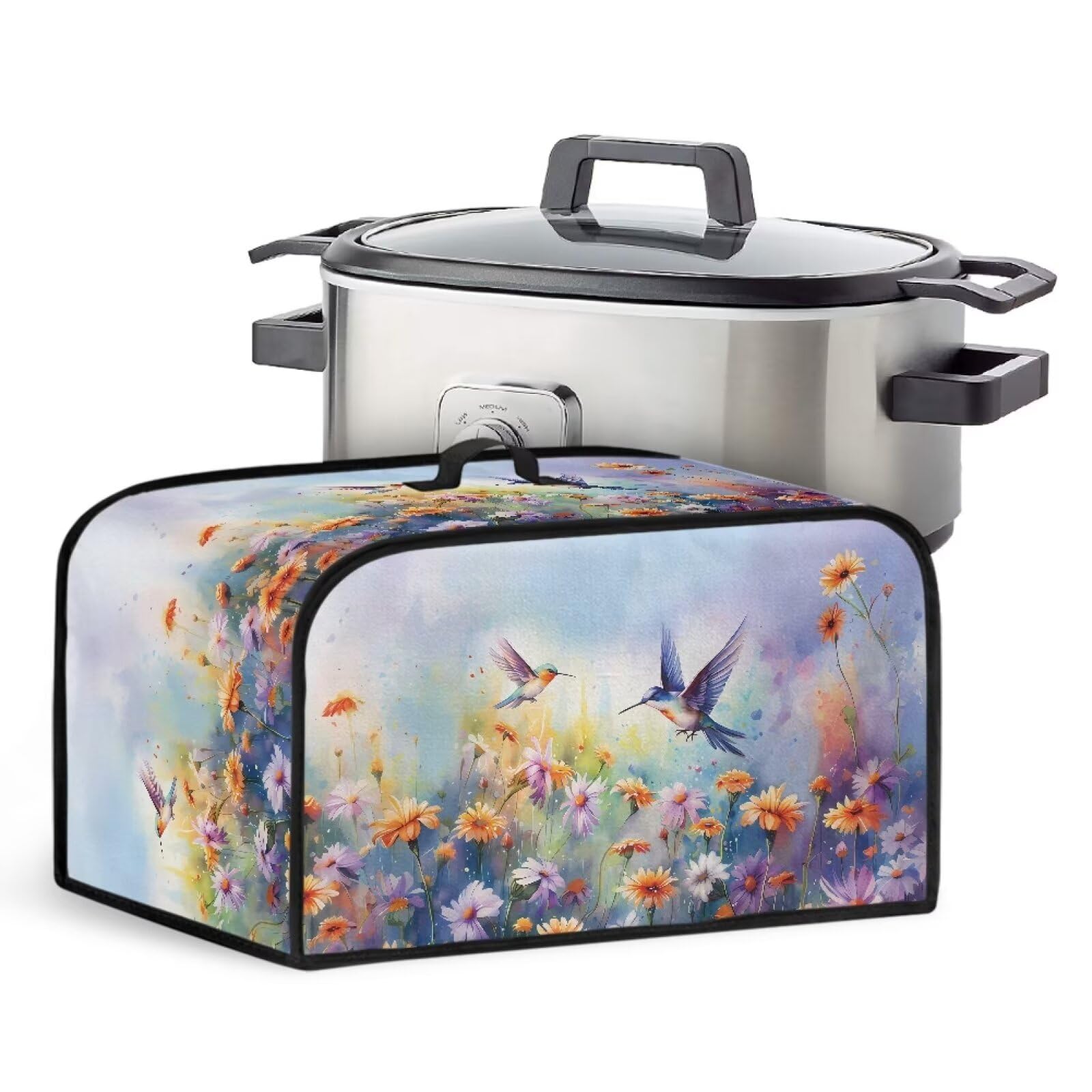 TODIYADDU Purple Hummingbird Daisy Slow Cooker Dust Cover with Handle Fashion Air Fryer Cover Insulated Travel Carrier for Women Lightweight Appliance Cover Dust Cover Trendy Home Decor Gifts