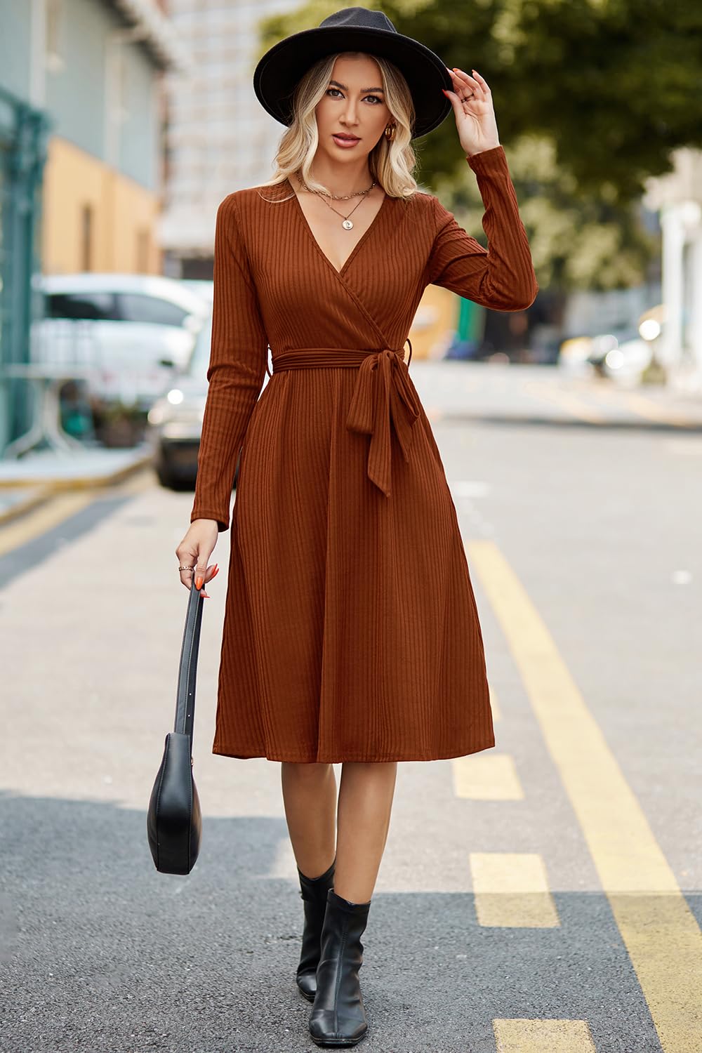 Newshows Jumper Vestido para Mujeres Manga Larga Cuello en V Señoras de Punto Elegante Suéter Vestido de Fiesta con Bolsillos