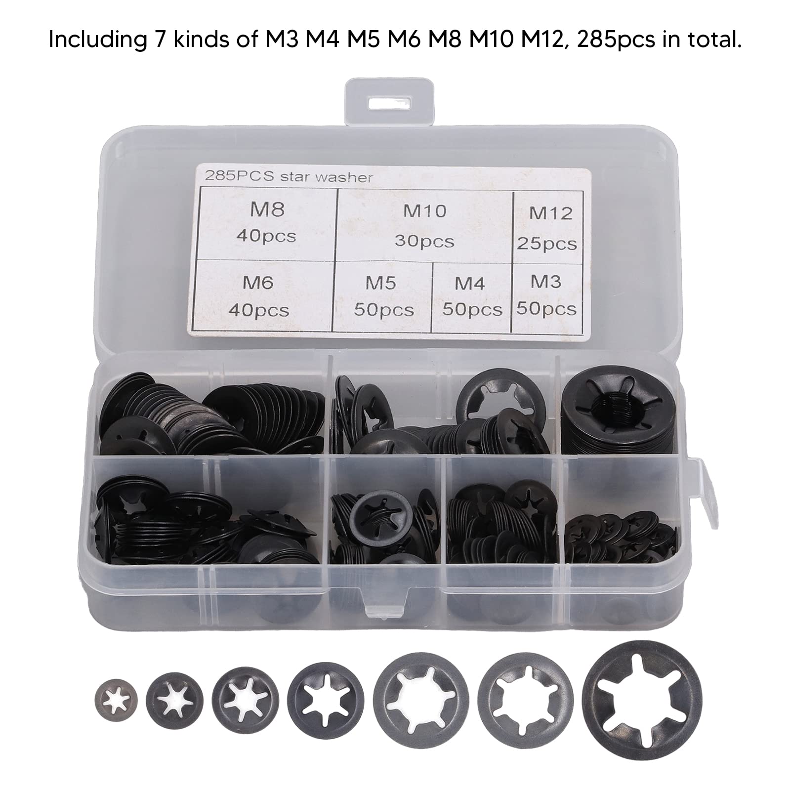 285Pcs Black Starlock Washer, Manganese Steel Internal Tooth Lock Fastener M3 M4 M5 M6 M8 M10 M12 Set Kit for Automobile Manufacturing