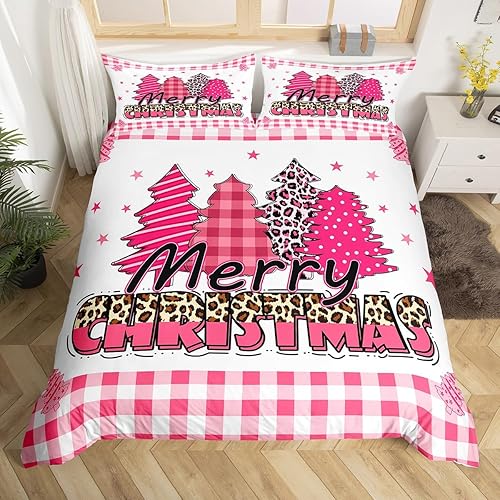 Vista 171 de Juego de funda de edredón rosa de Navidad para niñas, tamaño matrimonial, lindo juego de ropa de cama de dibujos animados de pingüino de Papá Noel