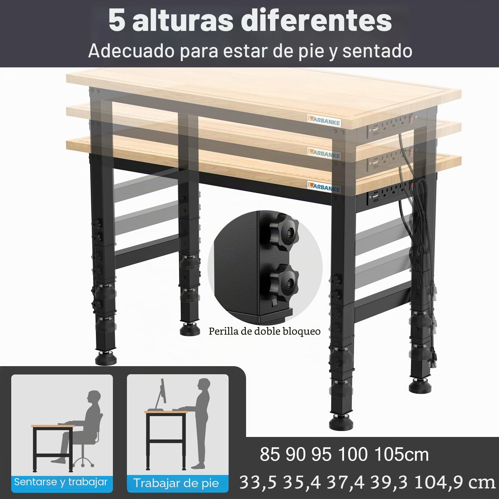 Banco de trabajo ajustable 120 cm 900 kg mesa de madera de caucho 5 alturas panel de alimentación