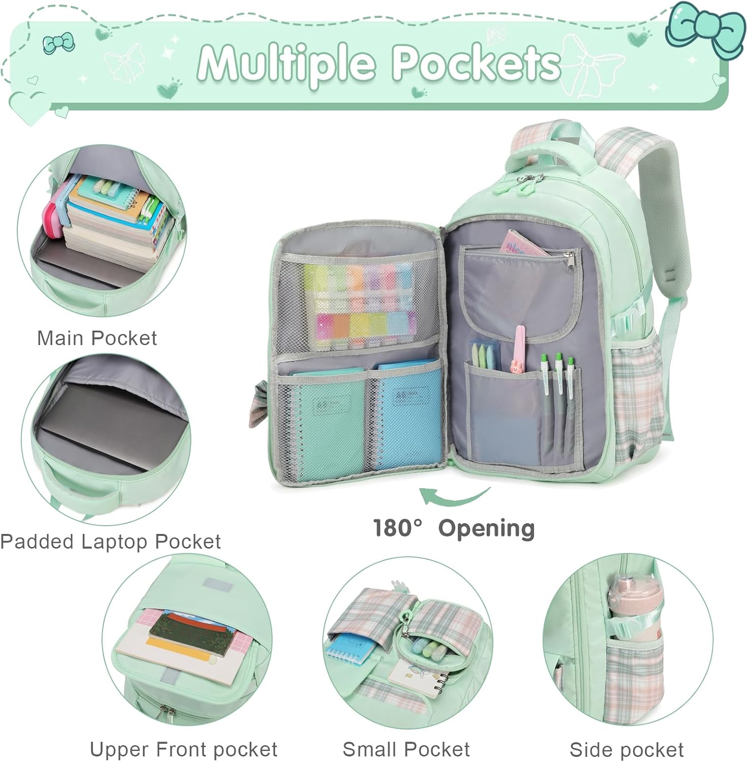 Girls Backpack - 3PCS Backpack for Girls Cute School Backpacks for Kindergarten Elementary Preschool Middle Kids School Bags with Lunch Box Pencil Case Set (Green) - Image 3