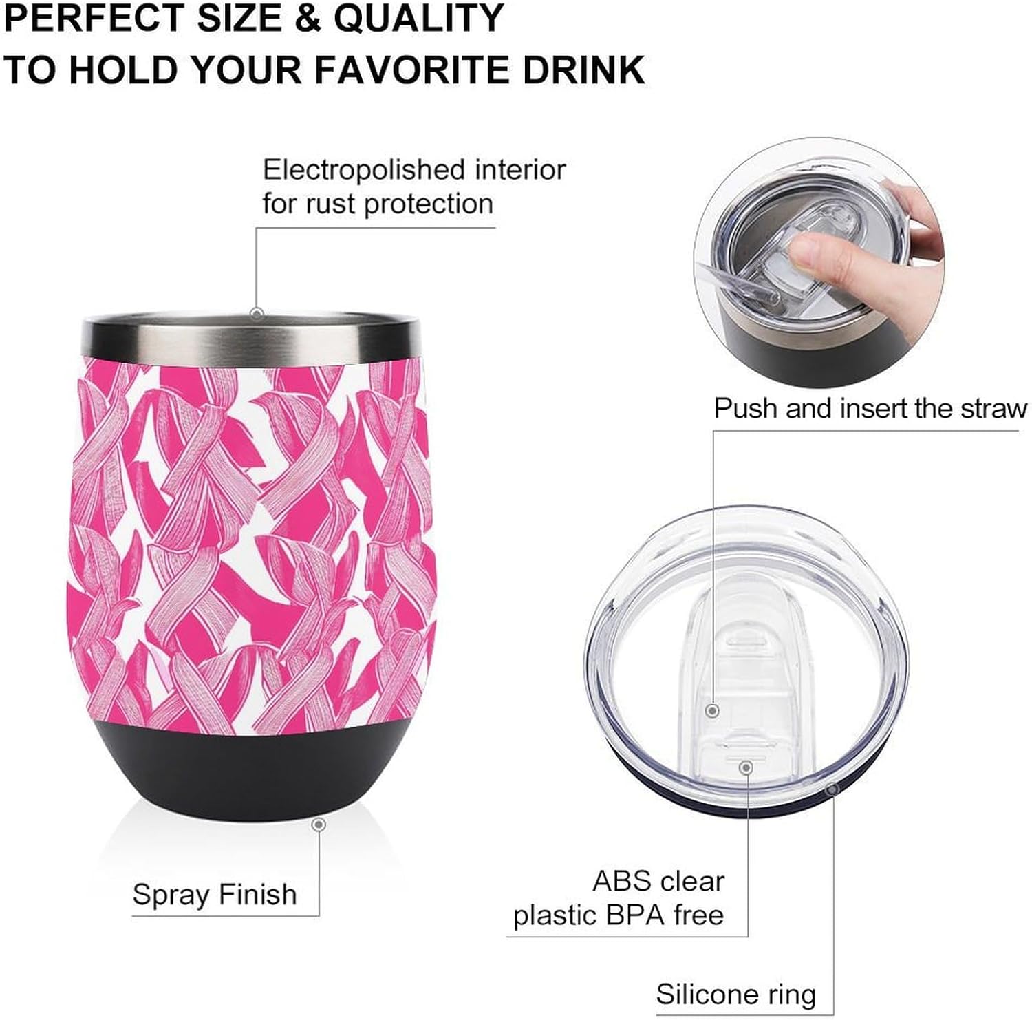 Breast Cancer Ribbon Coffee Travel Mug Cup Insulated Tumbler Stainless Steel with Flip Lid One Size
